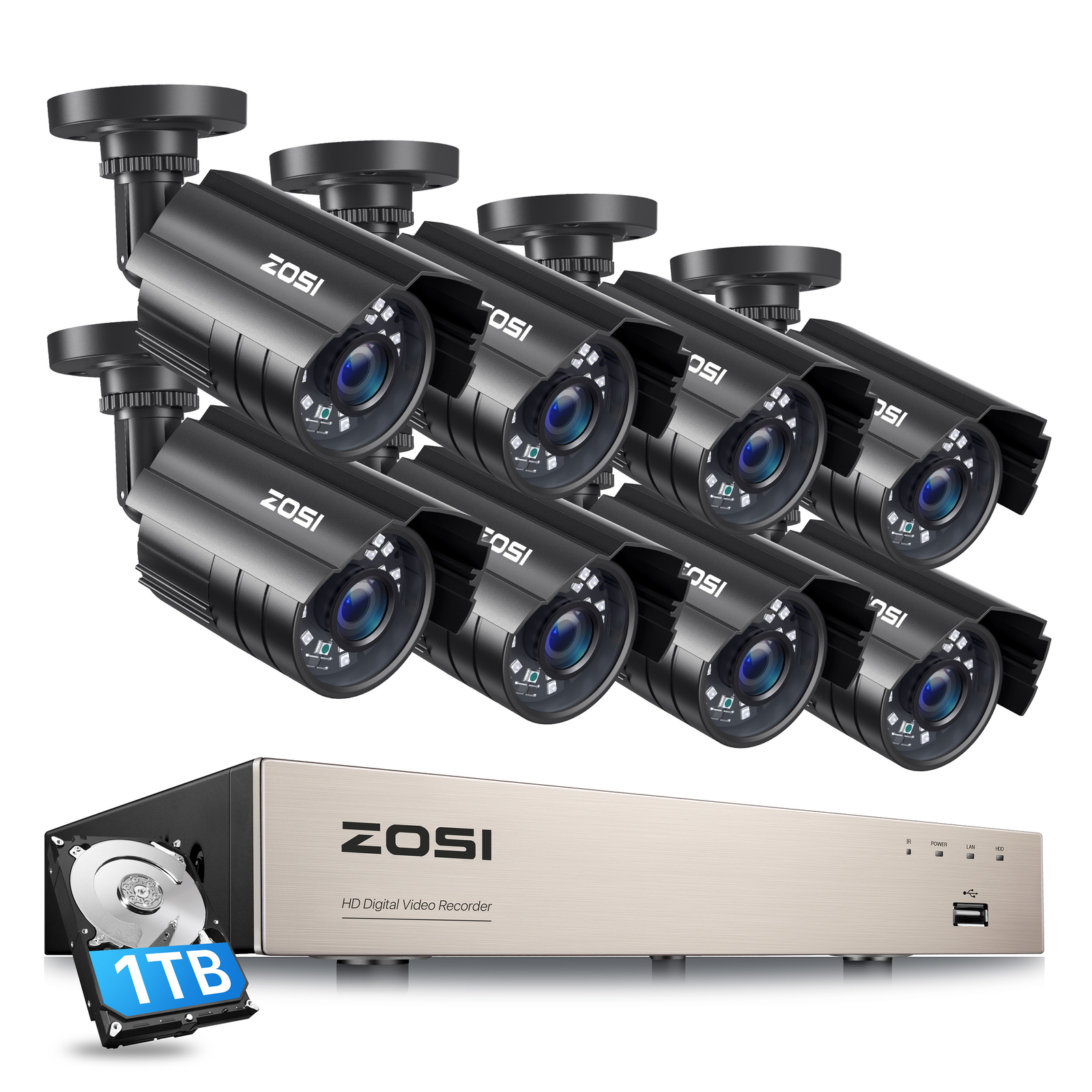 ZOSI 5MP Lite DVR H.265+ 8CH 1080P Security Camera System 1TB Recording Outdoor