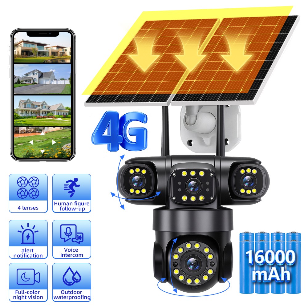 4G SIM 16MP 4Len Camara De Seguridad Solar Inalambricas Exterior Vision Nocturna