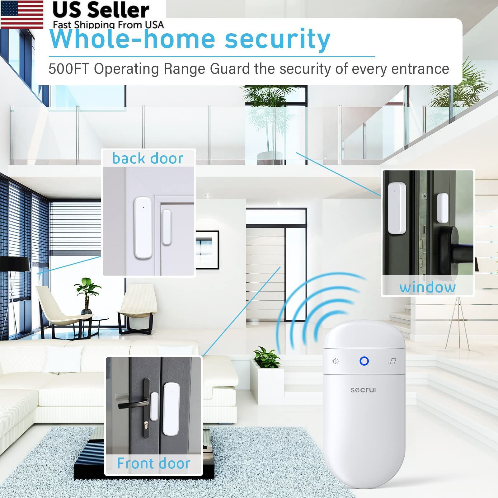 Door Chime When Opens, Opened Alarm for 1 Receiver+2 Sensor, White