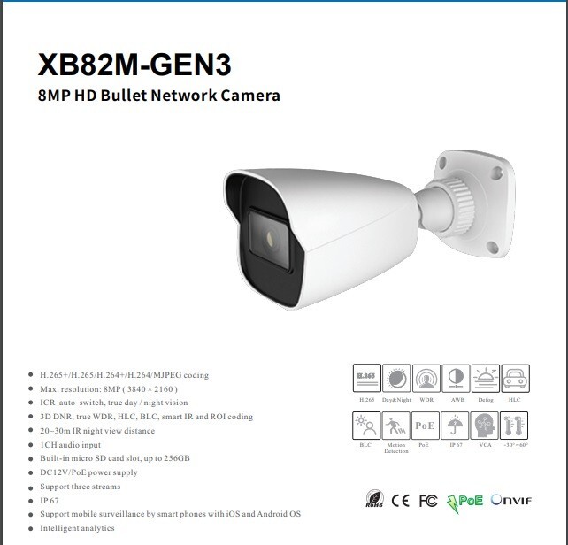 EPCOM XB82M-GEN3 8MP POE METAL BULLET IP +AUDIO ONVIF TVT 30M IR IP67 2.8mm Lens