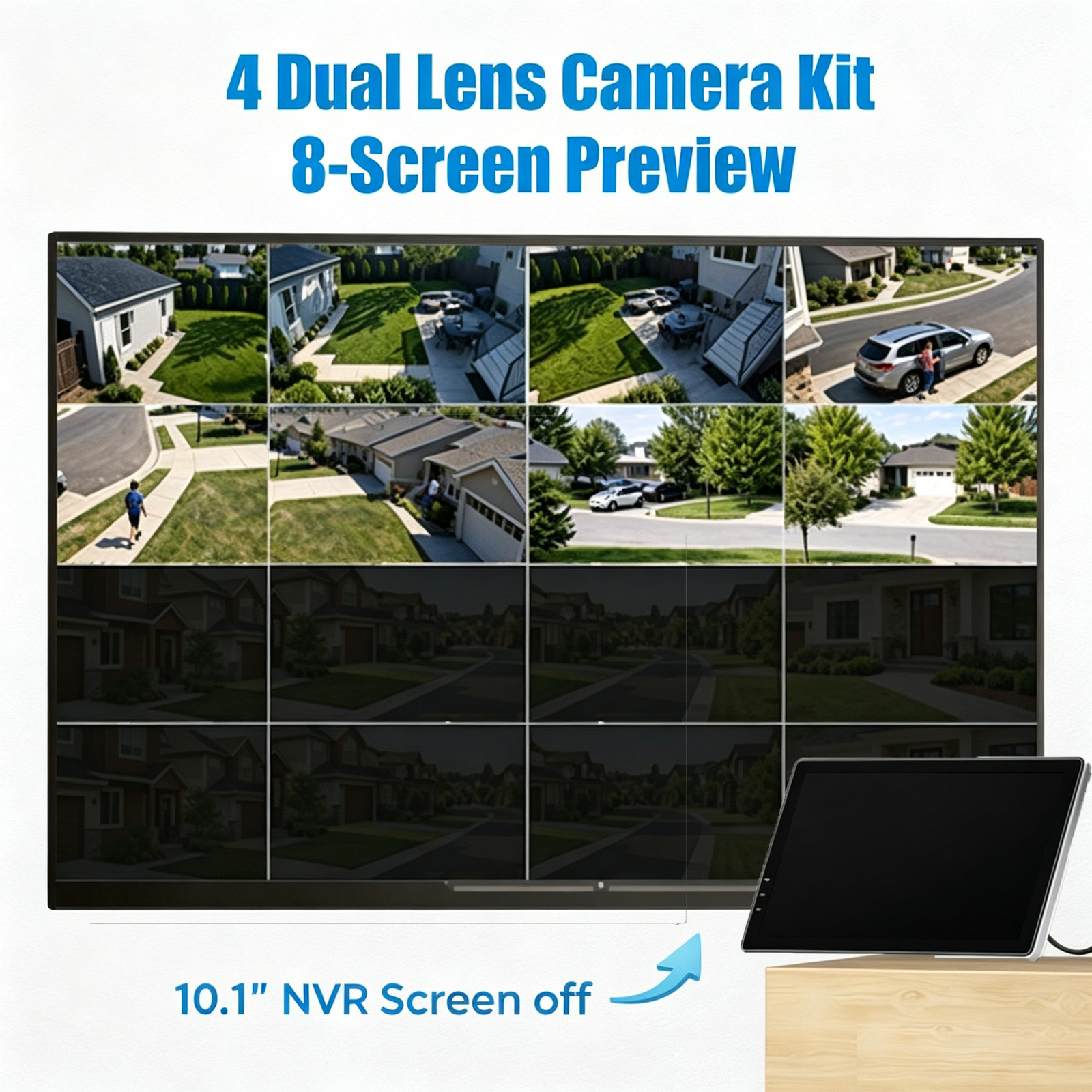 Wireless Security Camera System with 10.1″ Monitor 4pcs Dual Lens Outdoor Camera