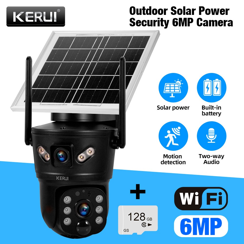 6MP Solar Dual Lens Wireless Security Camera Outdoor WiFi Cam With 128GB SD Card