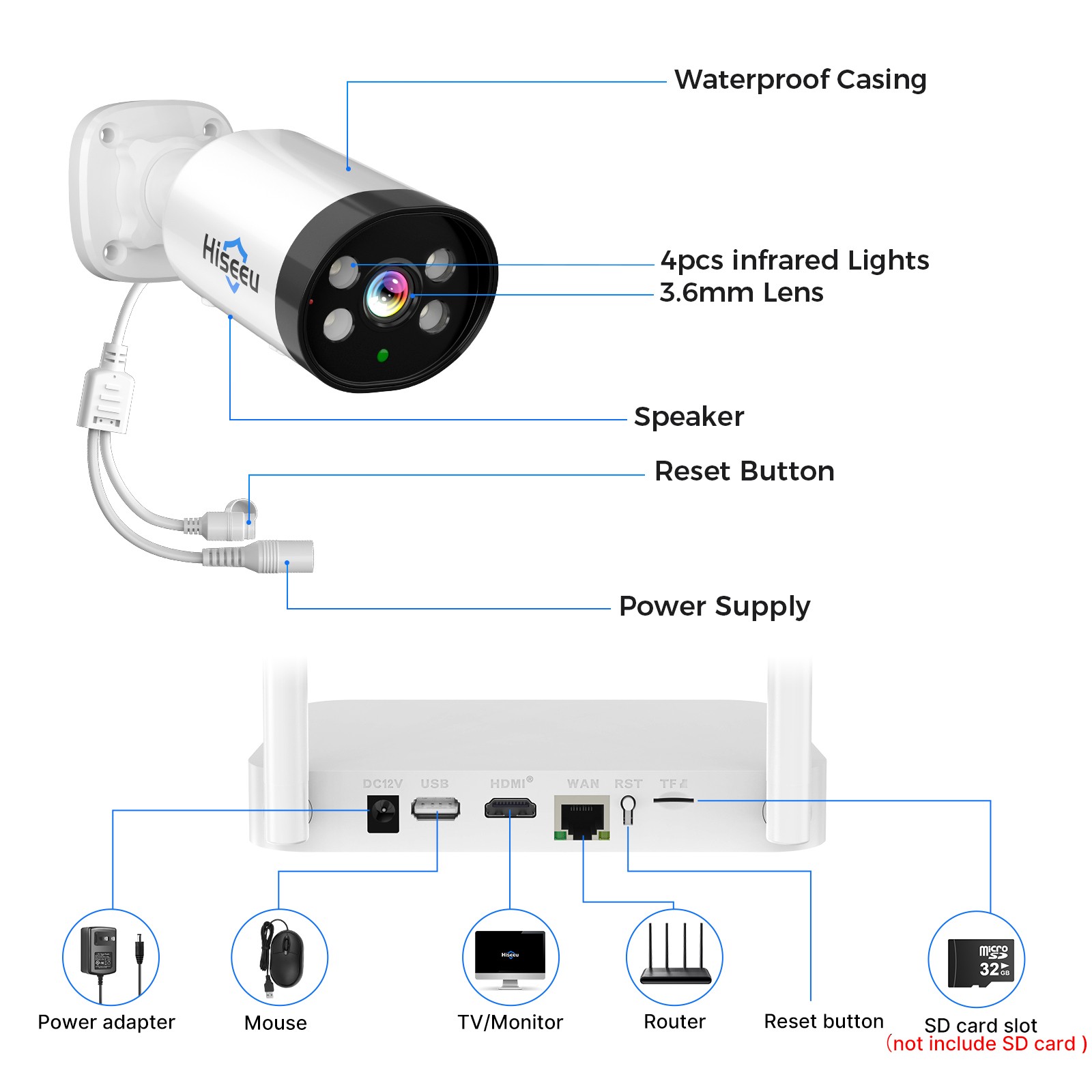 Hiseeu 10CH NVR 3MP 2.4G/5G WIFI Outdoor Audio Security Camera System CCTV HDD