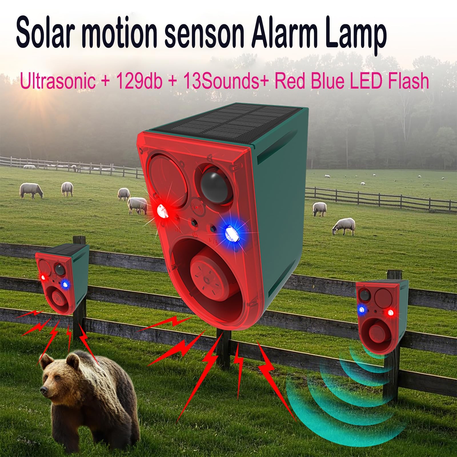 Solar Motion Sensor Alarm with 13Sounds Outdoor,LED Red Blue Flashing Warning…