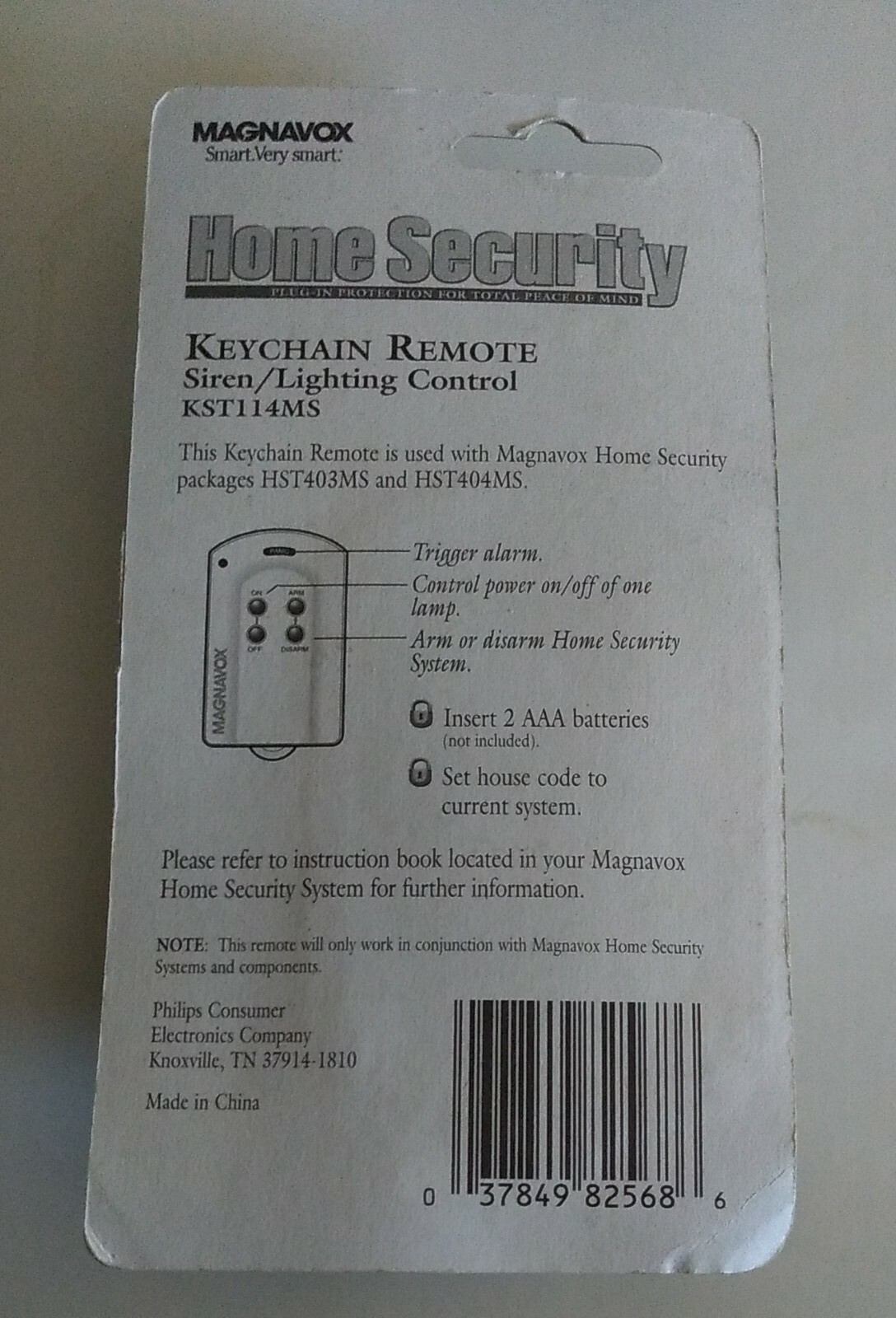 Magnavox Home Security Keychain Remote Alarm Lighting Control KST114MS 3 AAA bat