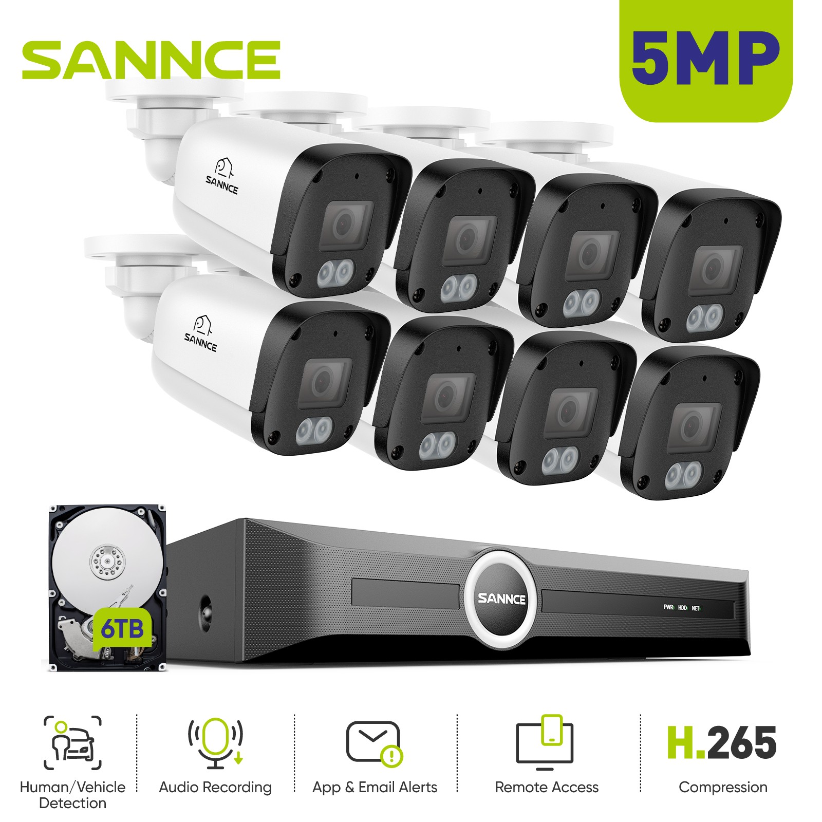 SANNCE 8CH NVR 5MP Audio POE Security IP Camera System Outdoor Human Detection