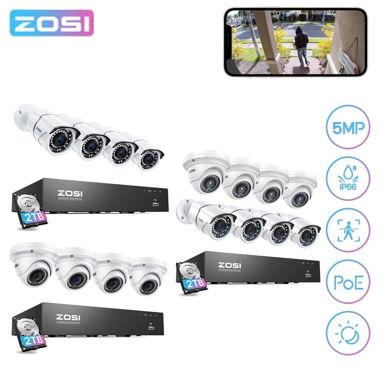 ZOSI 8CH 4K PoE NVR Security Instant Alert Camera System Remote Access 2TB HDD