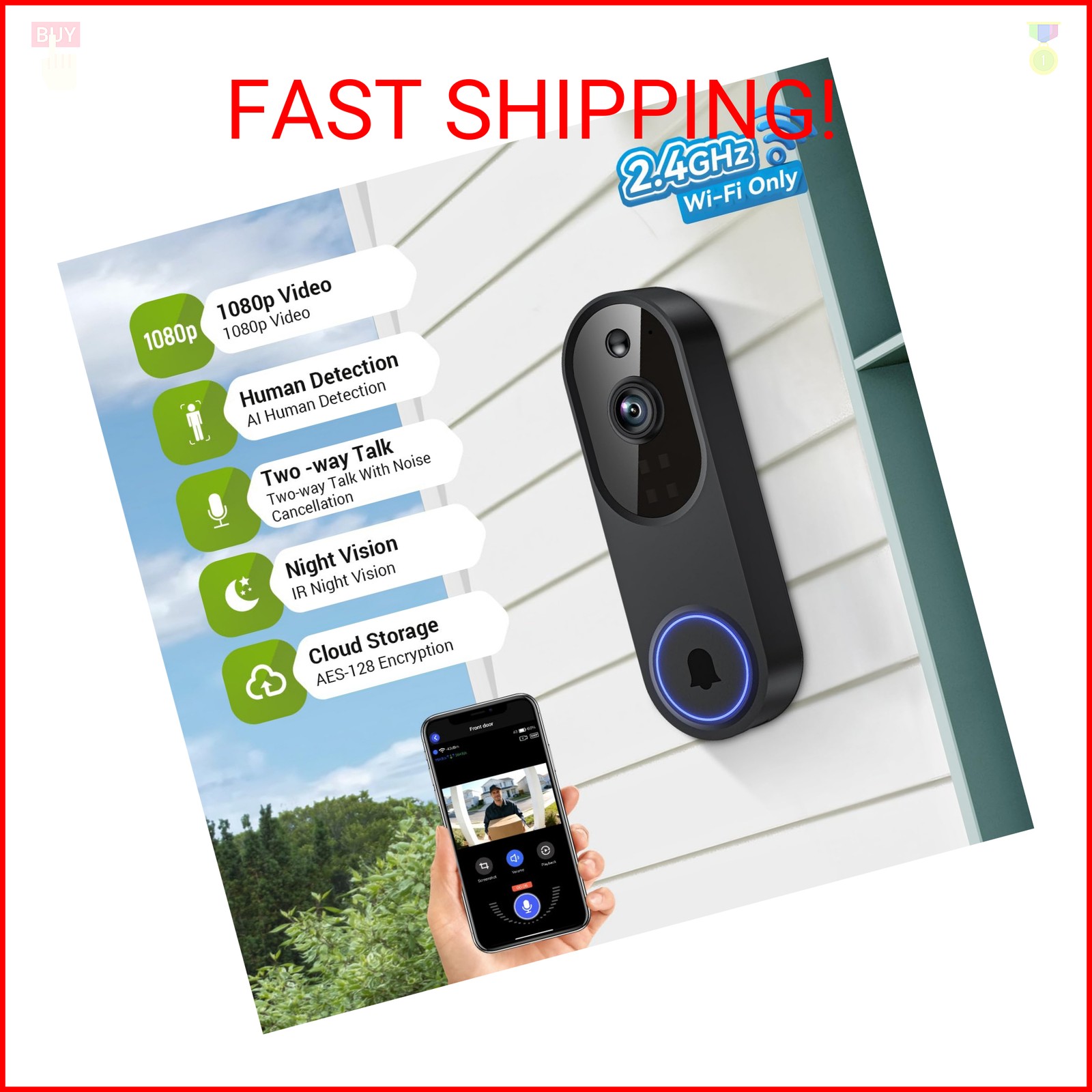 Lunelyx 1080P Wireless Video Doorbell Camera, Outdoor Surveillance Cameras, FHD