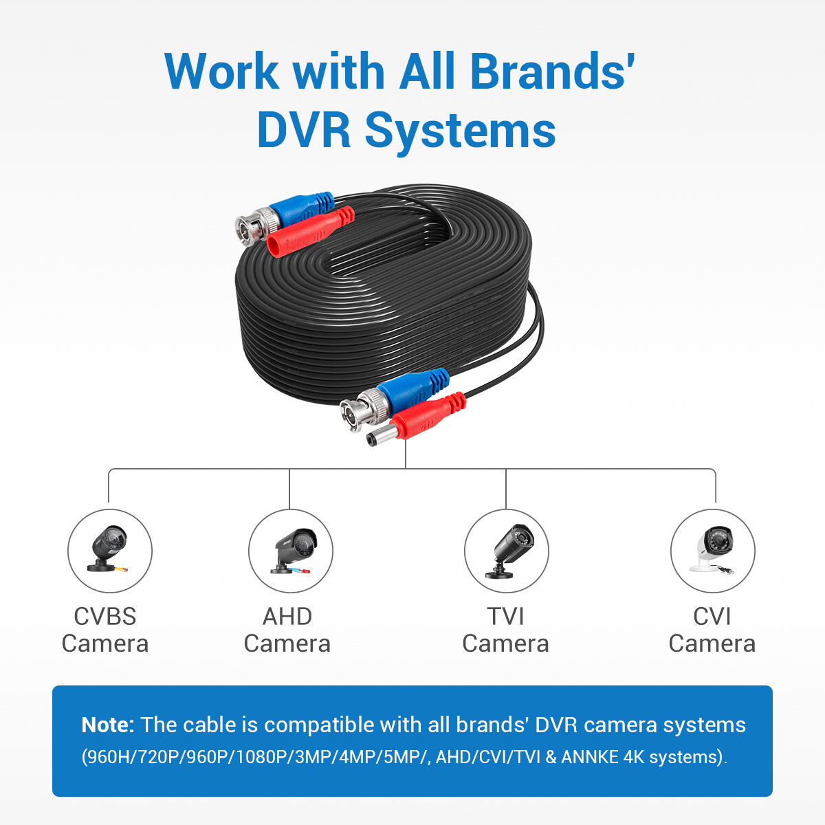 ANNKE 4x100ft Video Power BNC Cable for CCTV Security Camera System Extend Wire