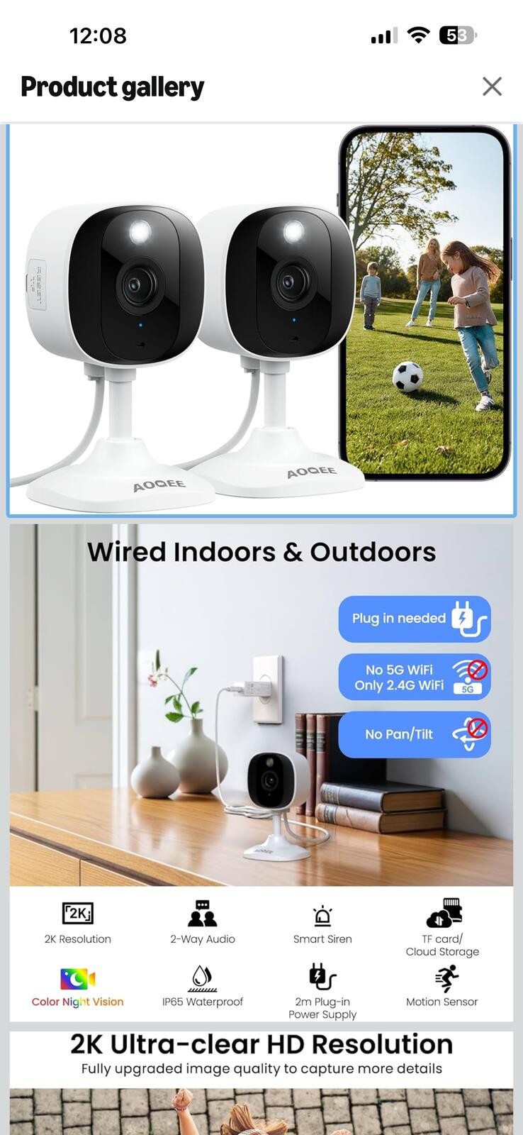 AOQEE 2K Ultra-clear HD Security Cameras 2-Pack Indoor/Outdoor Wired with Color
