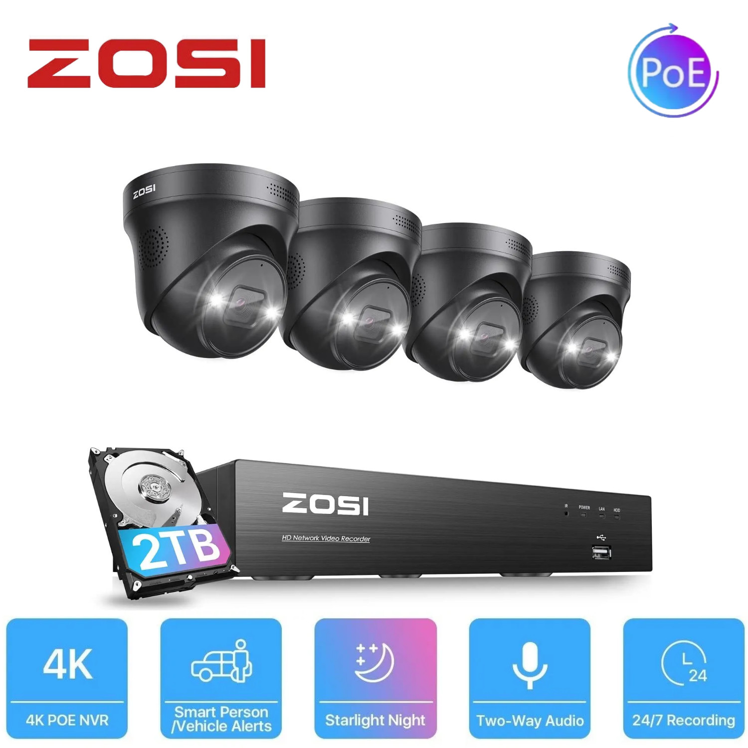 ZOSI 4K 8MP 8CH PoE Security Camera System with Spotlight AI NVR 2TB 2 Way Audio