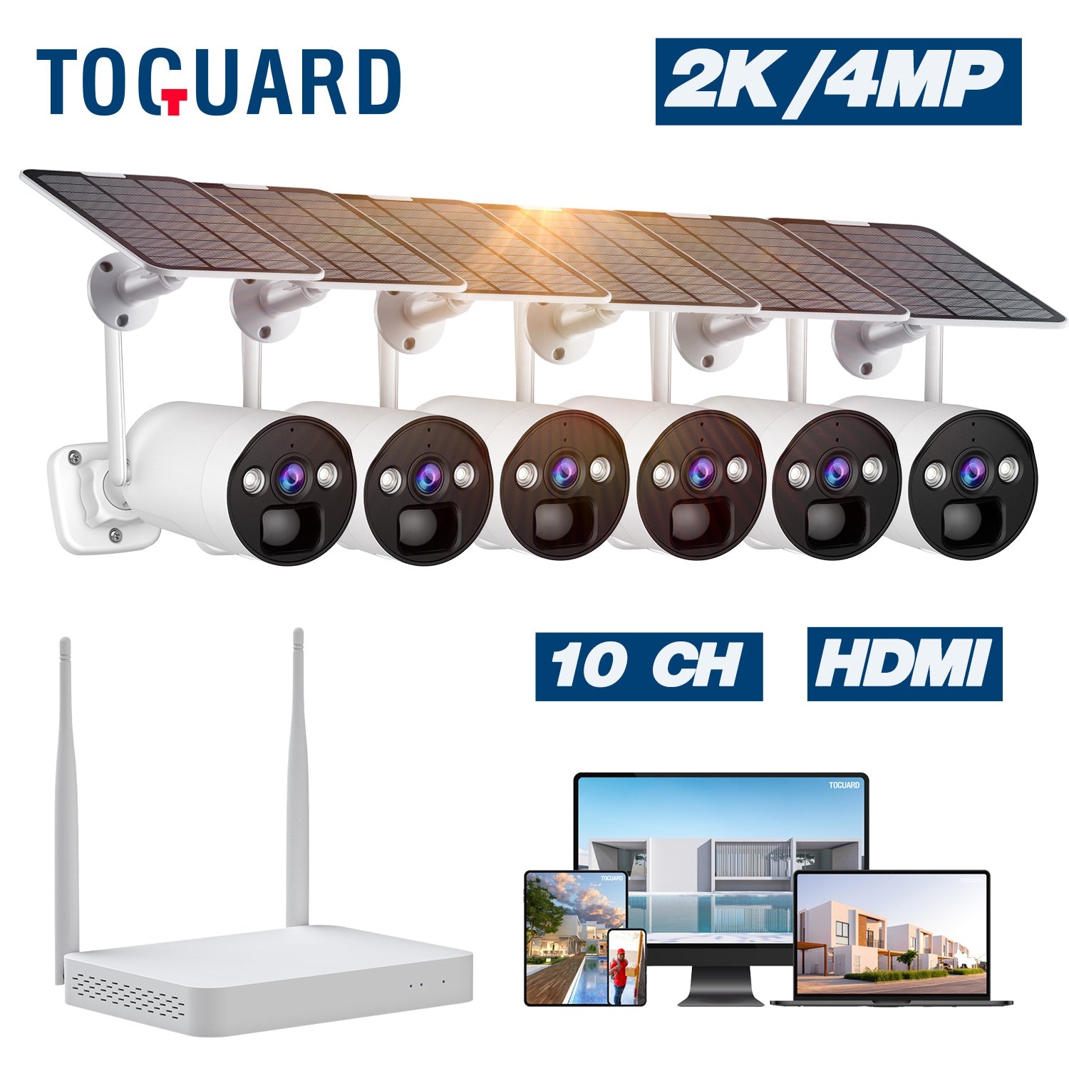 4MP Solar Wireless Security Camera System Outdoor 6x Bullet Cams 10CH NVR 500GB