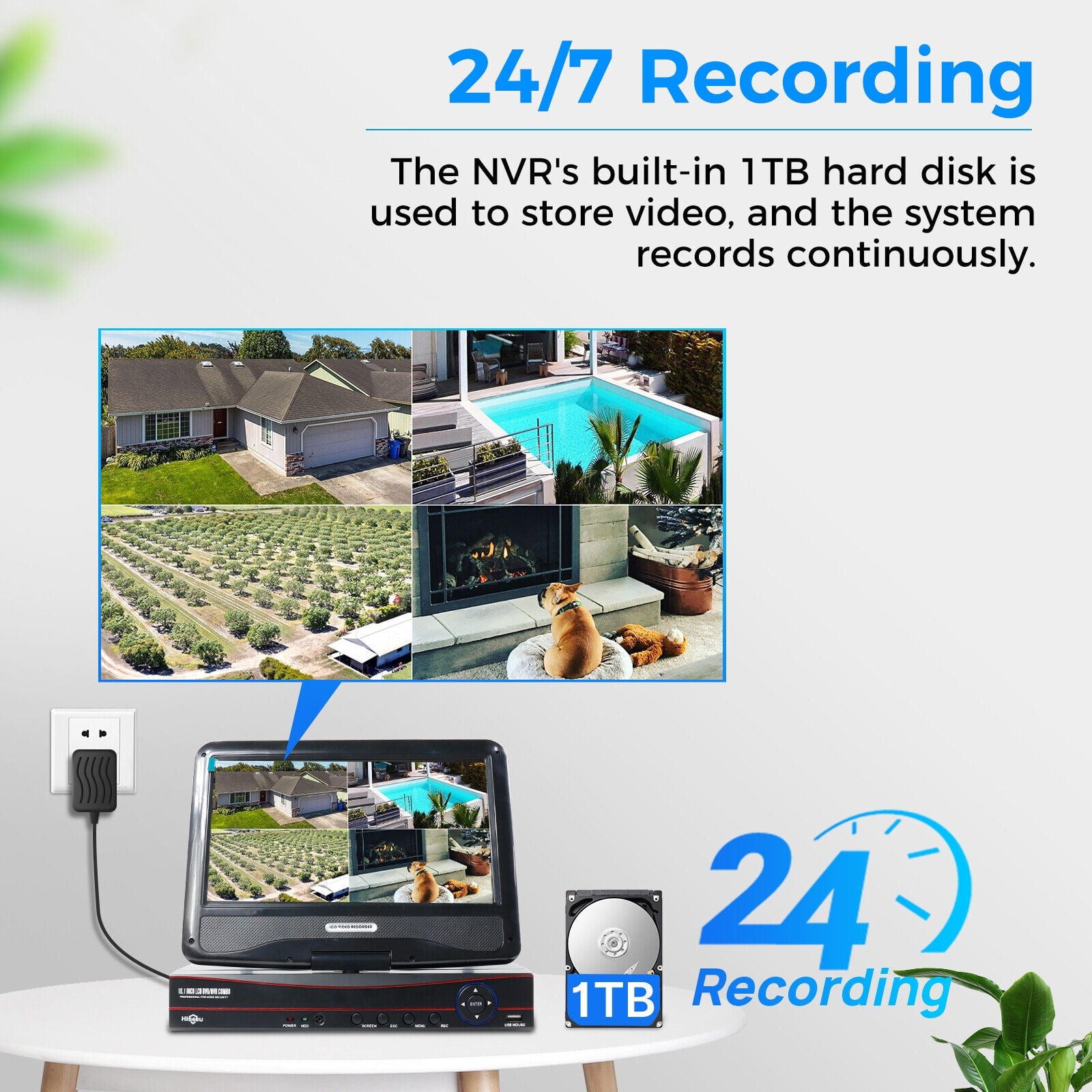Wireless Security System 10 Inch Monitor 1tb NVR 4 Camera Kit Night Vision Audio