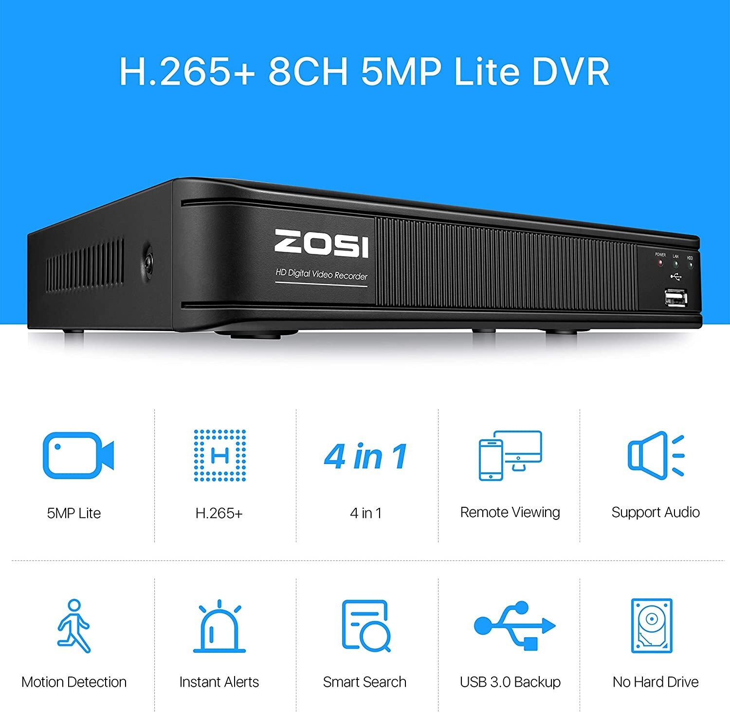 ZOSI H.265+ 3K Lite 8CH DVR Security Home 2MP Camera System Alerts Push Wired