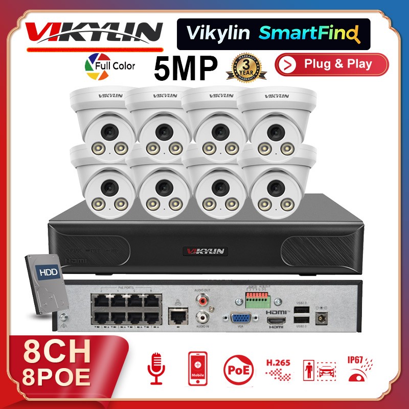 Vikylin SmartFind 8CH 8 POE NVR CCTV System 5MP IP Camera Full Color Audio Lot