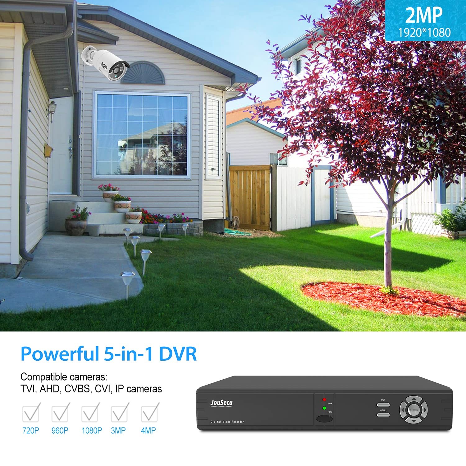 JouSecu 8CH Home Security Camera System Outdoor Indoor, 2MP HD 5-in-1 Surveil…