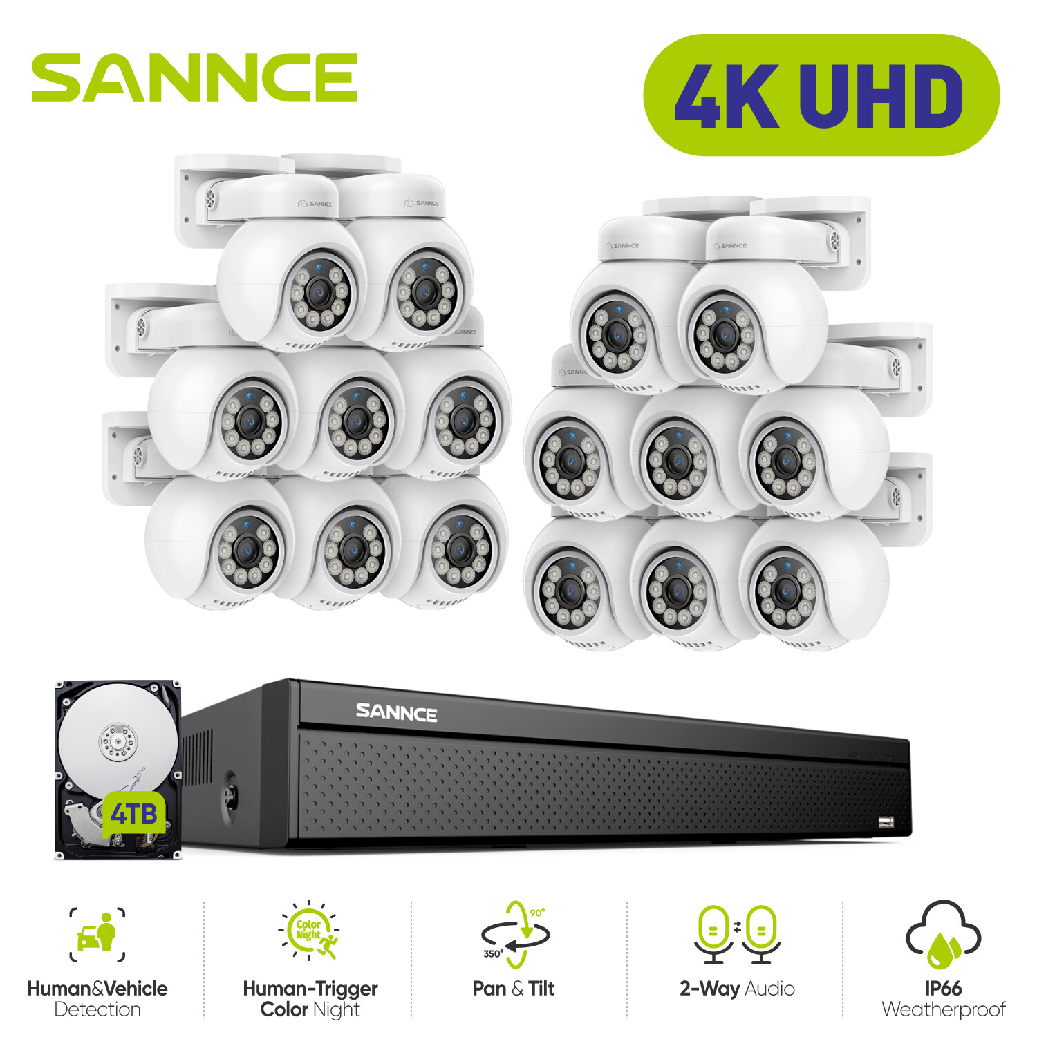 SANNCE 16CH NVR 4K POE PT Auto Tracking Color Night Security System 2-Way Audio