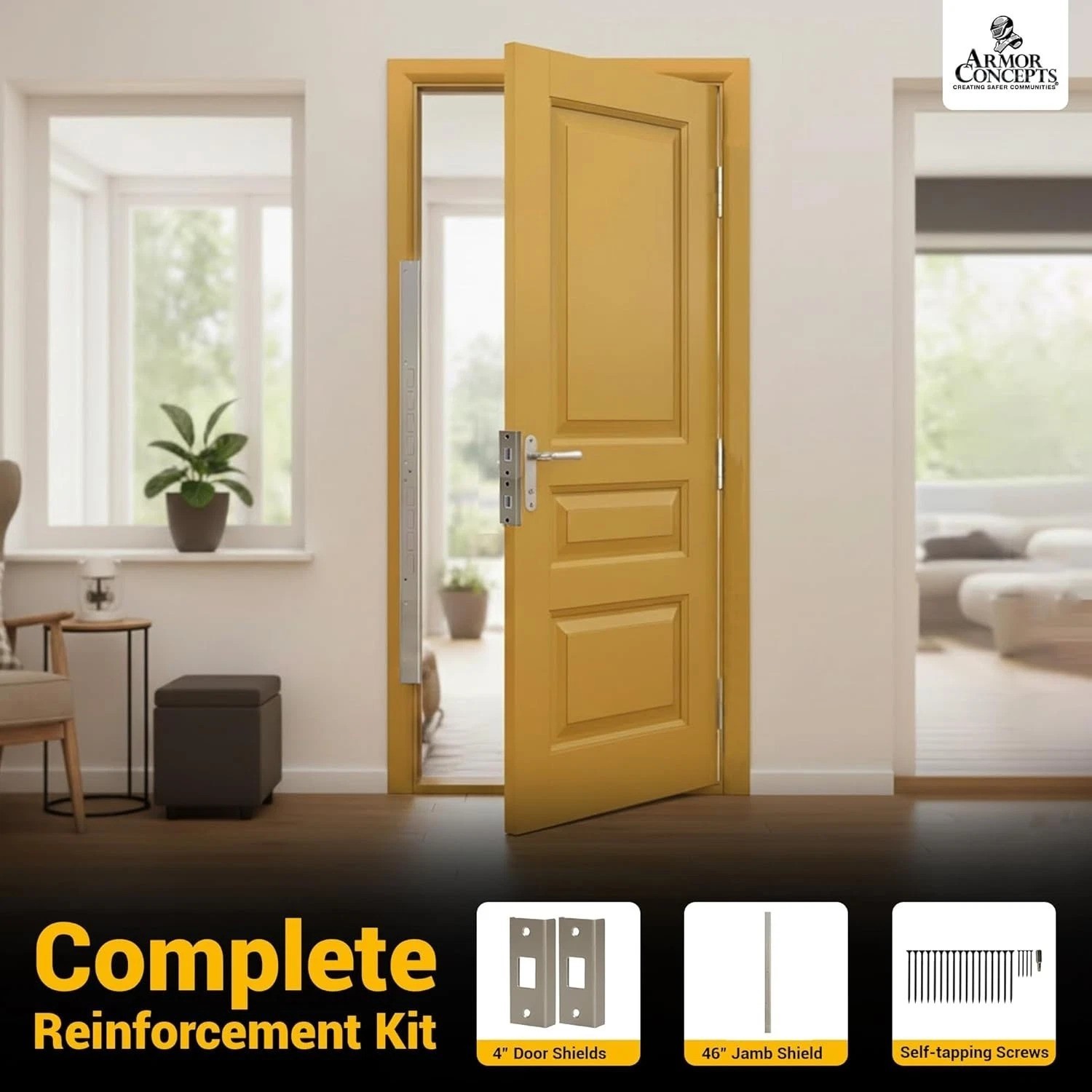 Door Armor MINI 3pc Steel Security Kit – Satin Nickel – Anti Kick-in Protection