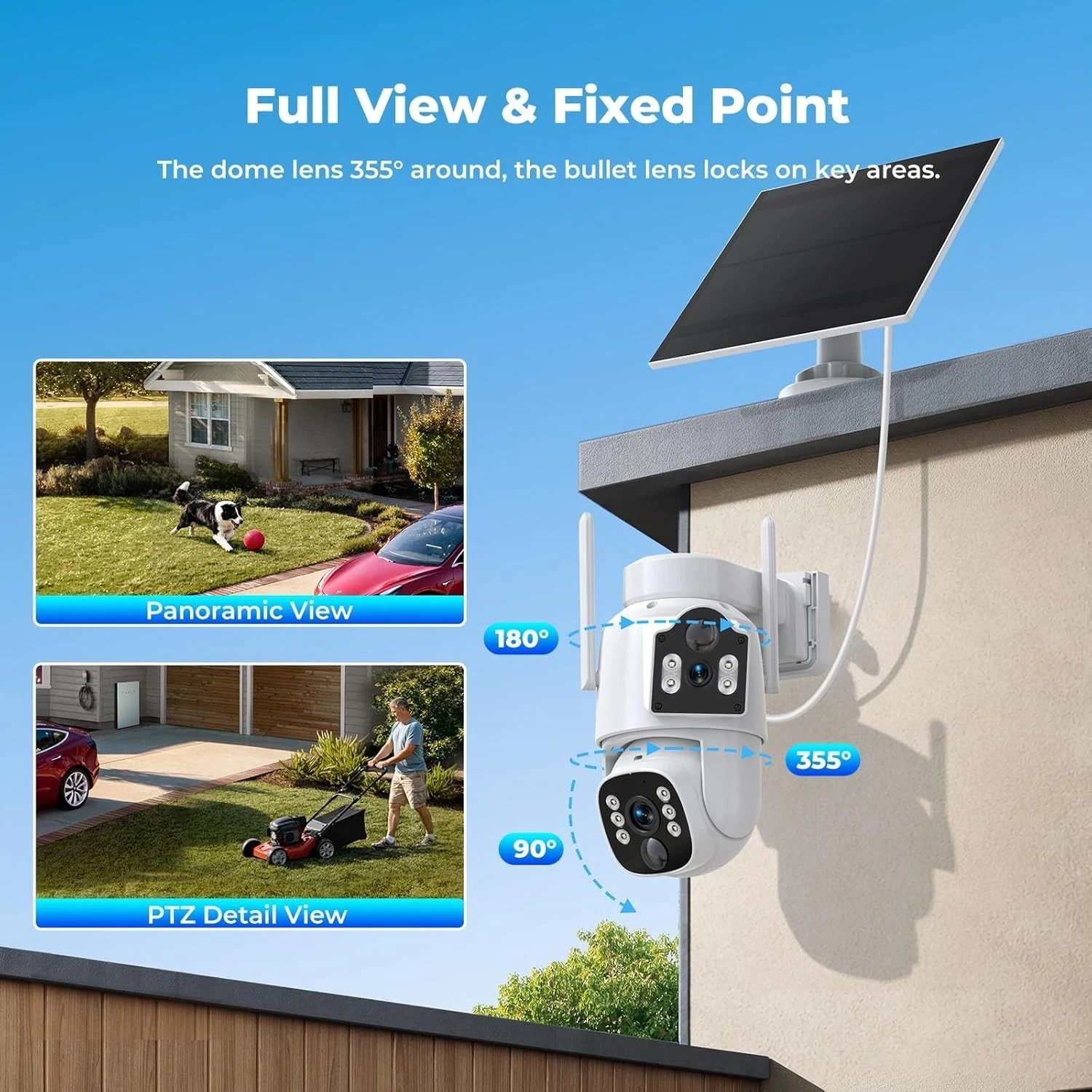 WiFi Solar Security Camera System Outdoor Wireless Home Dual Lens Cam IR Night