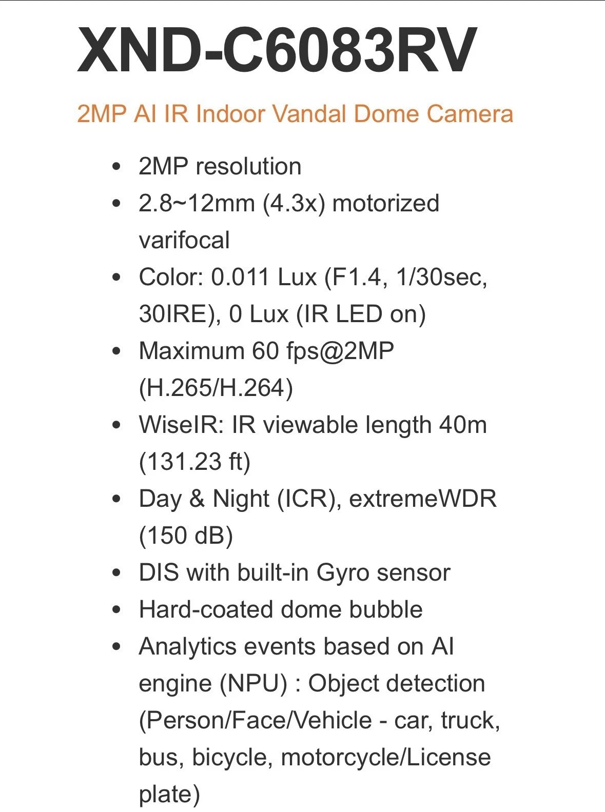 NEW – HANWHA VISION Ai XND-6083RV Dome IP Security Camera 2.8~12mm Lens