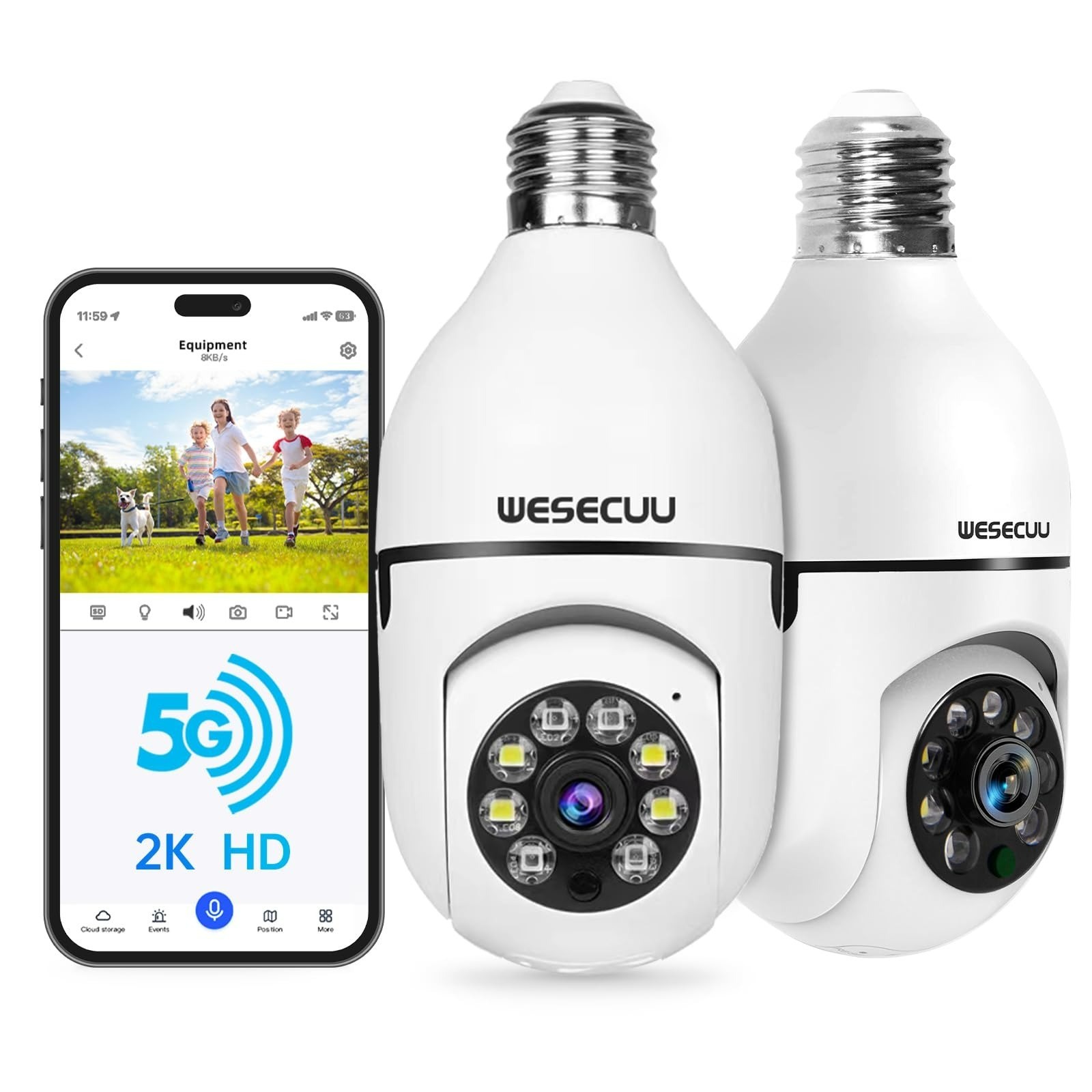 WESECUU Light Bulb Security Camera 2K WiFi Motion Detection Night Vision