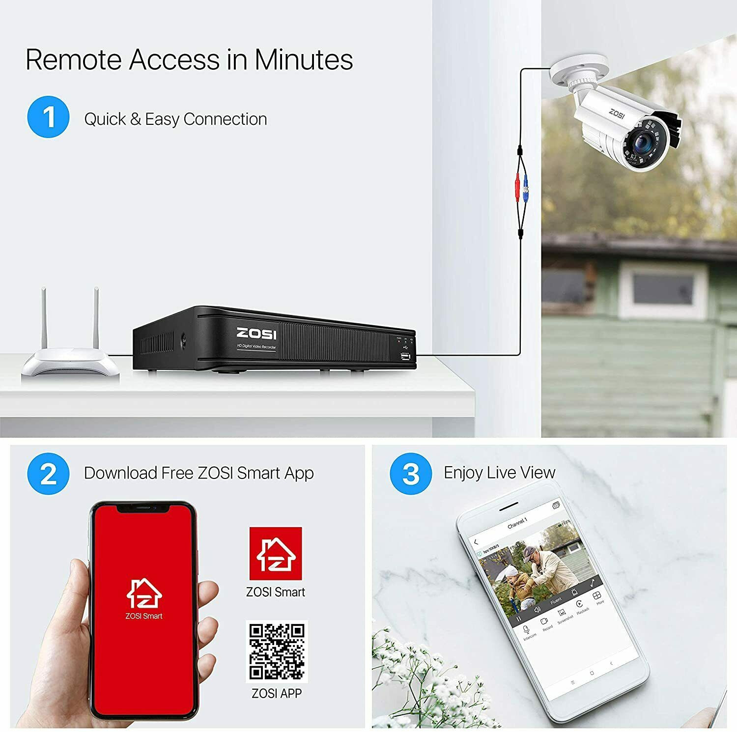 ZOSI H.265+ HDMI 1080p 8CH CCTV Outdoor Security Camera 80ft Night Vision System
