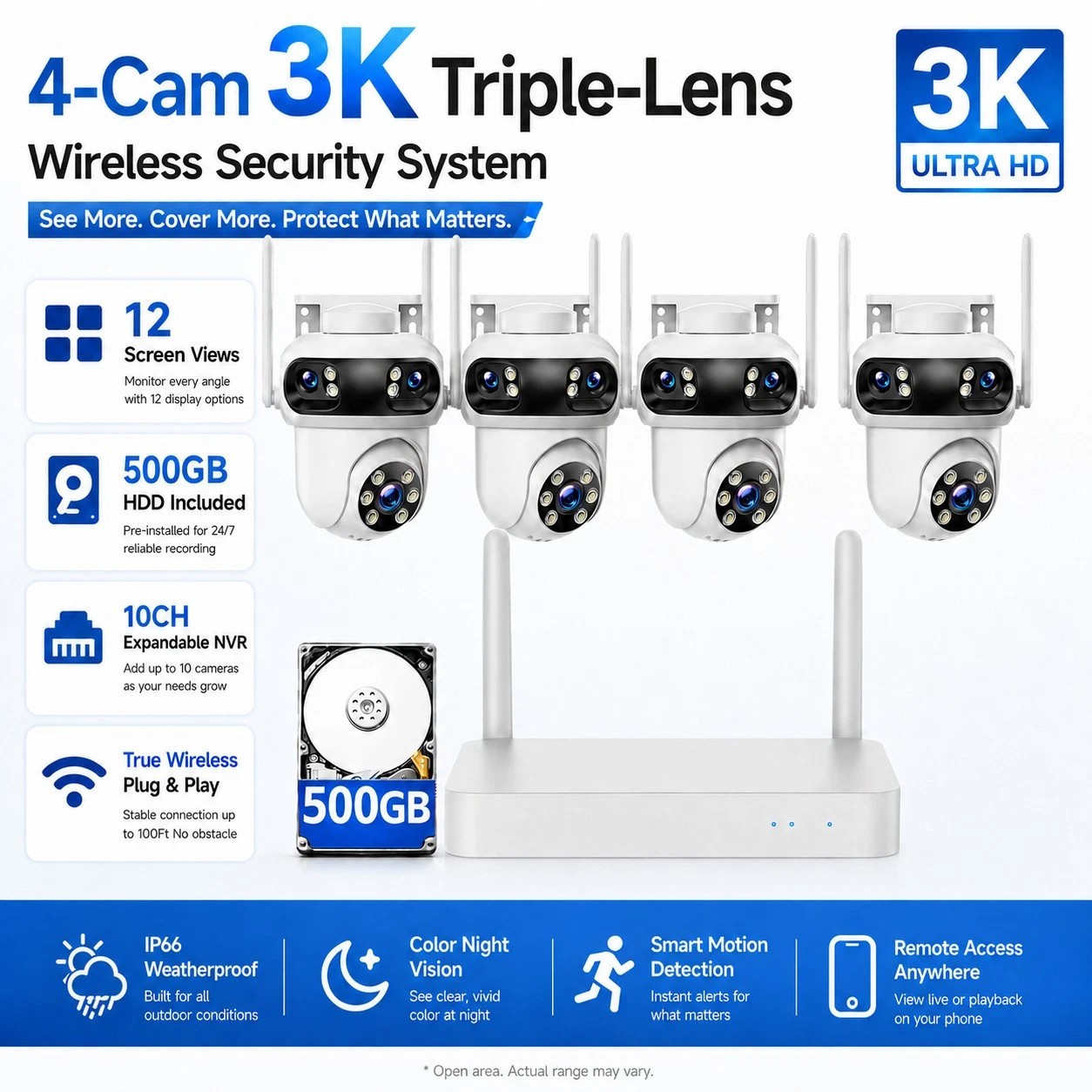 5G Wifi 10CH NVR Outdoor Wireless Security Camera System Triple Lens 2 Way Audio