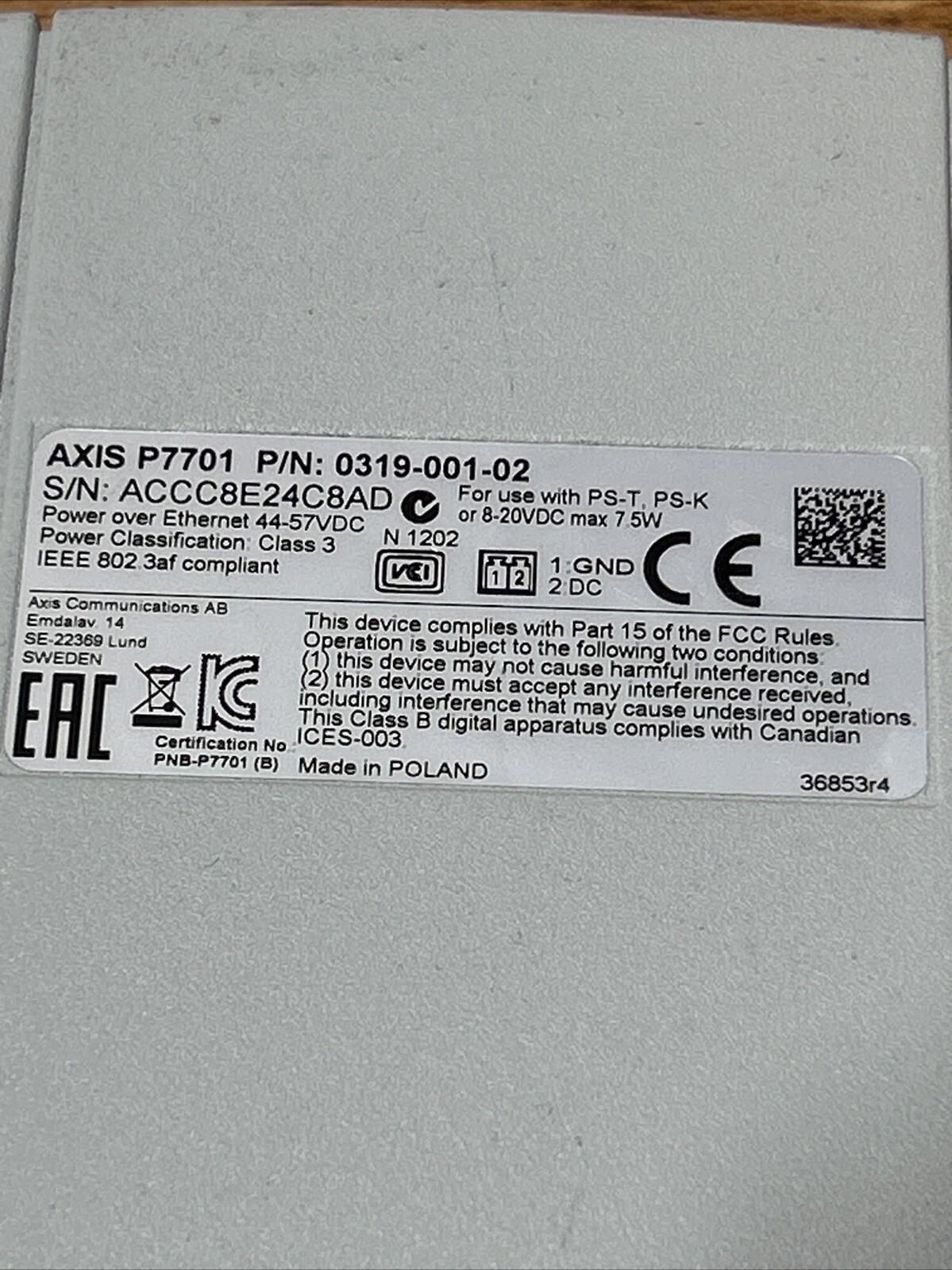 Axis P7701 IP Security Camera Converter & Sequencer POE / 8V-20V No Power Cord