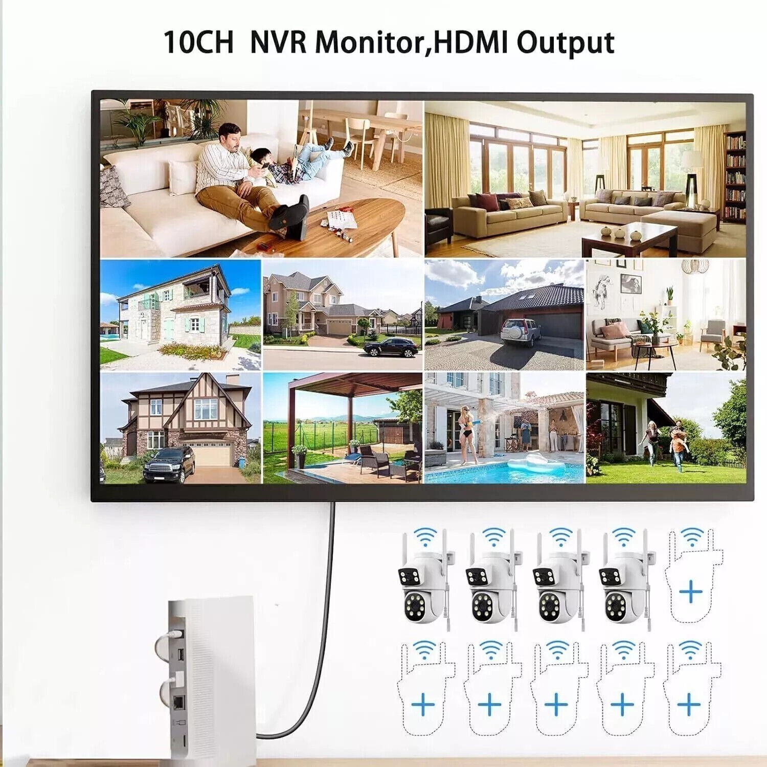 10CH Wireless Security Camera System Outdoor 4MP PTZ HDMI Output NVR 24/7 Record
