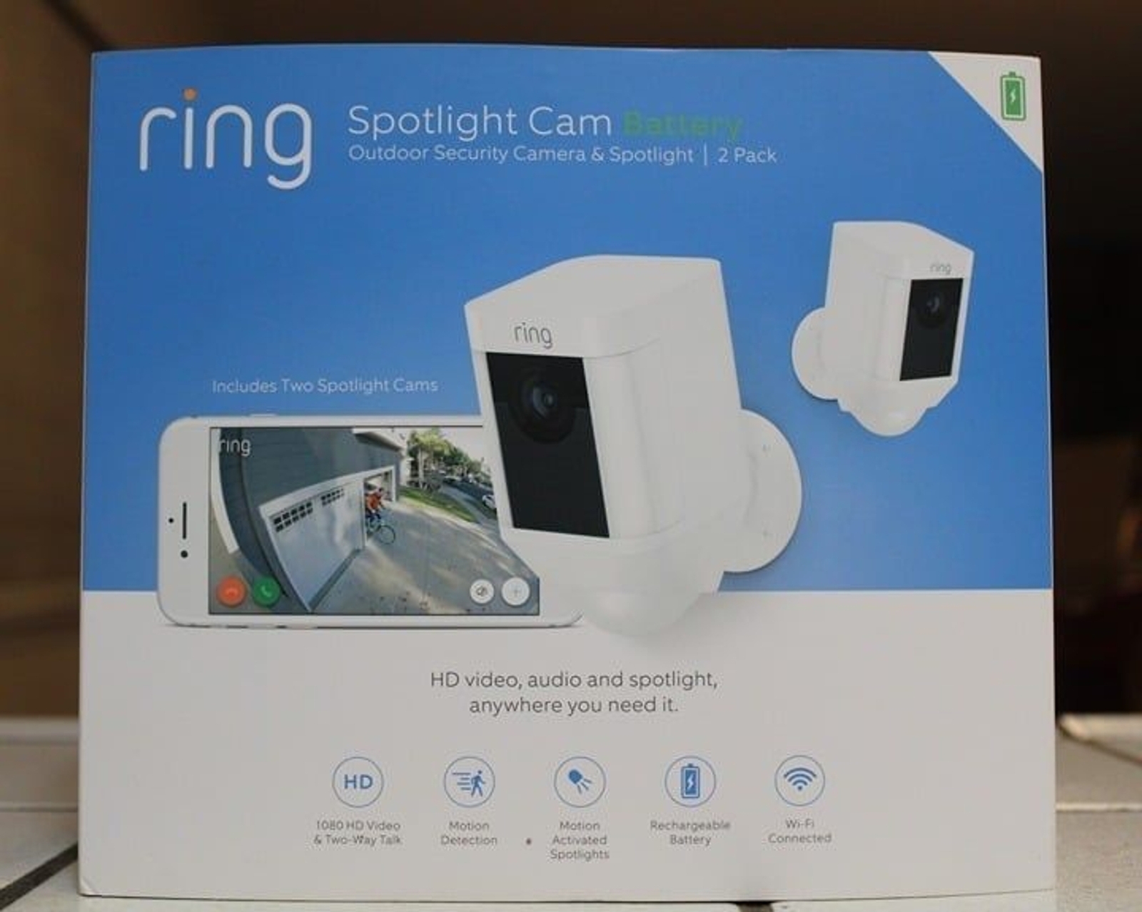 (NEW) RING Outdoor Security Camera & Spotlight w/ Battery – 2 Pack – White