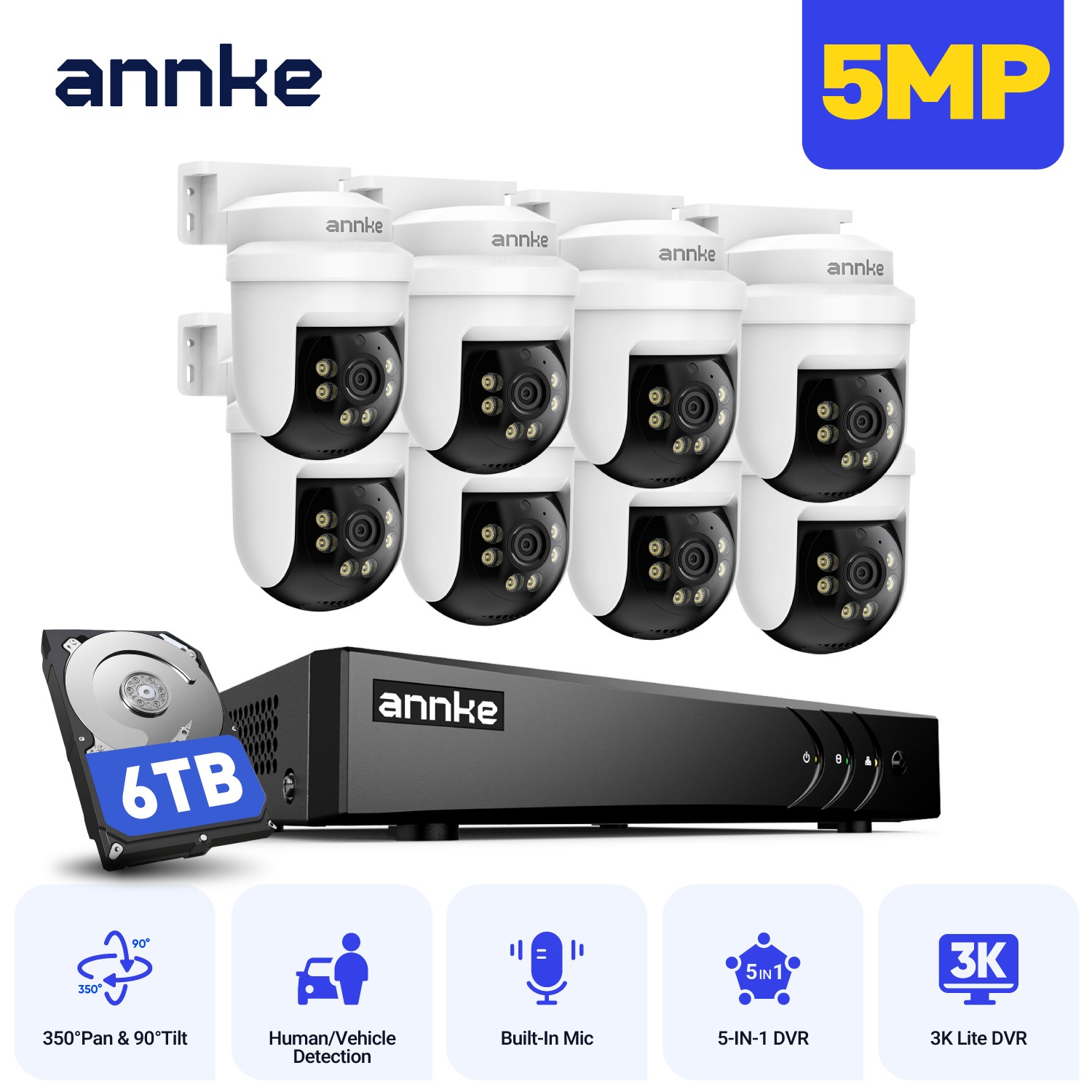 ANNKE 5MP 3K Lite 8CH DVR 350° Pan&Tilt 1080P Video CCTV Security Camera System
