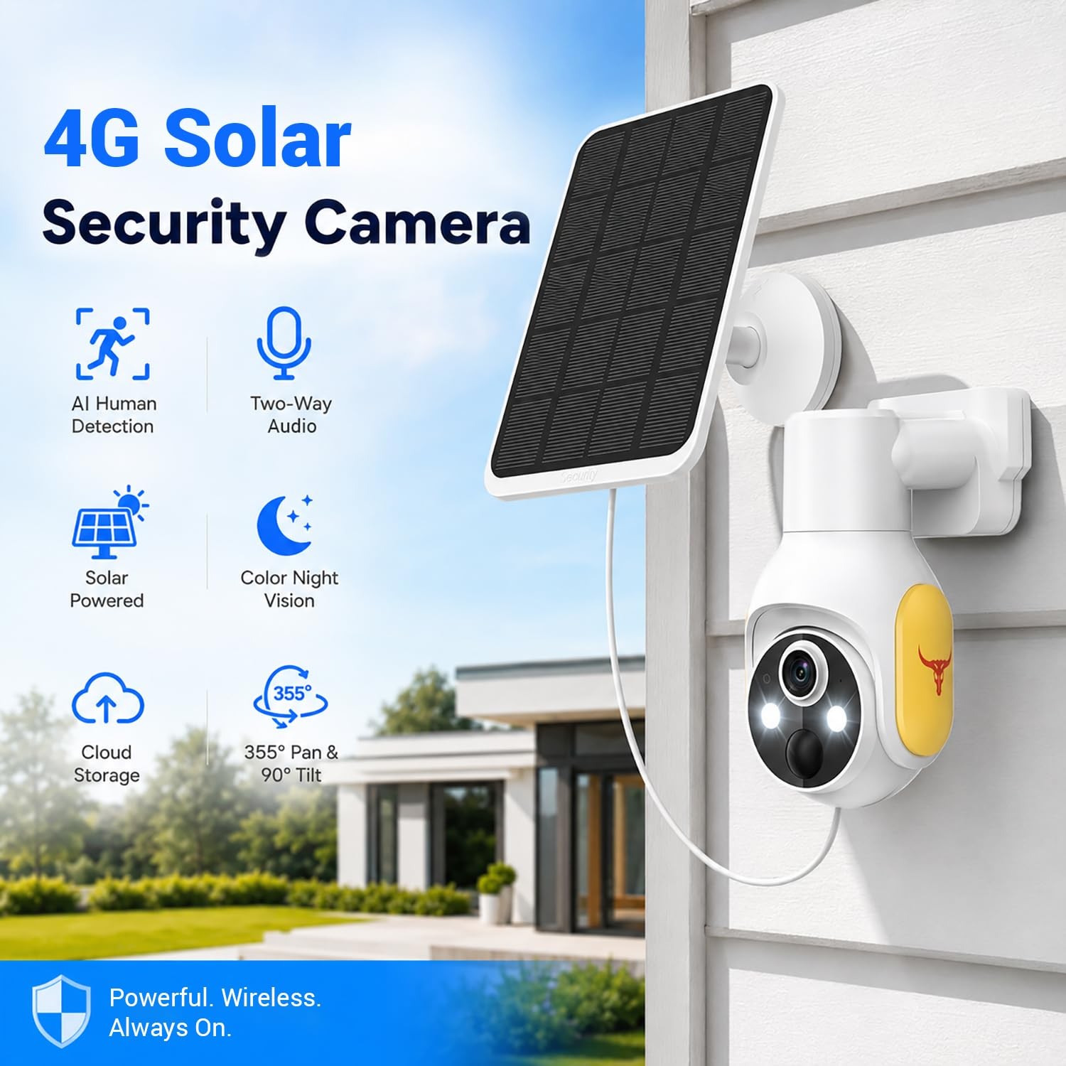 FameVibe 1080p Security Camera Wireless with Solar Panel, Smart AI White