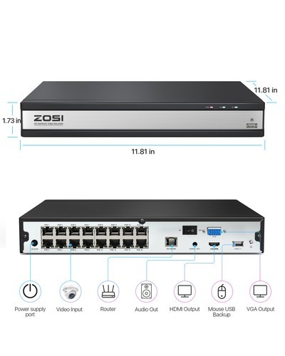 ZOSI 8CH/16CH 4K 8MP POE Security Camera System H.265+ AI Detect Audio 4TB HDD