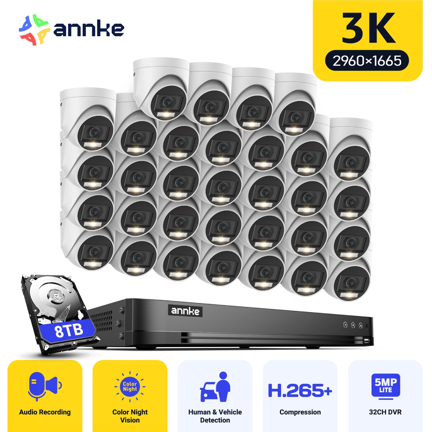 ANNKE 32CH 3K Lite DVR 5MP AI Color Night Security Camera System Audio Recording