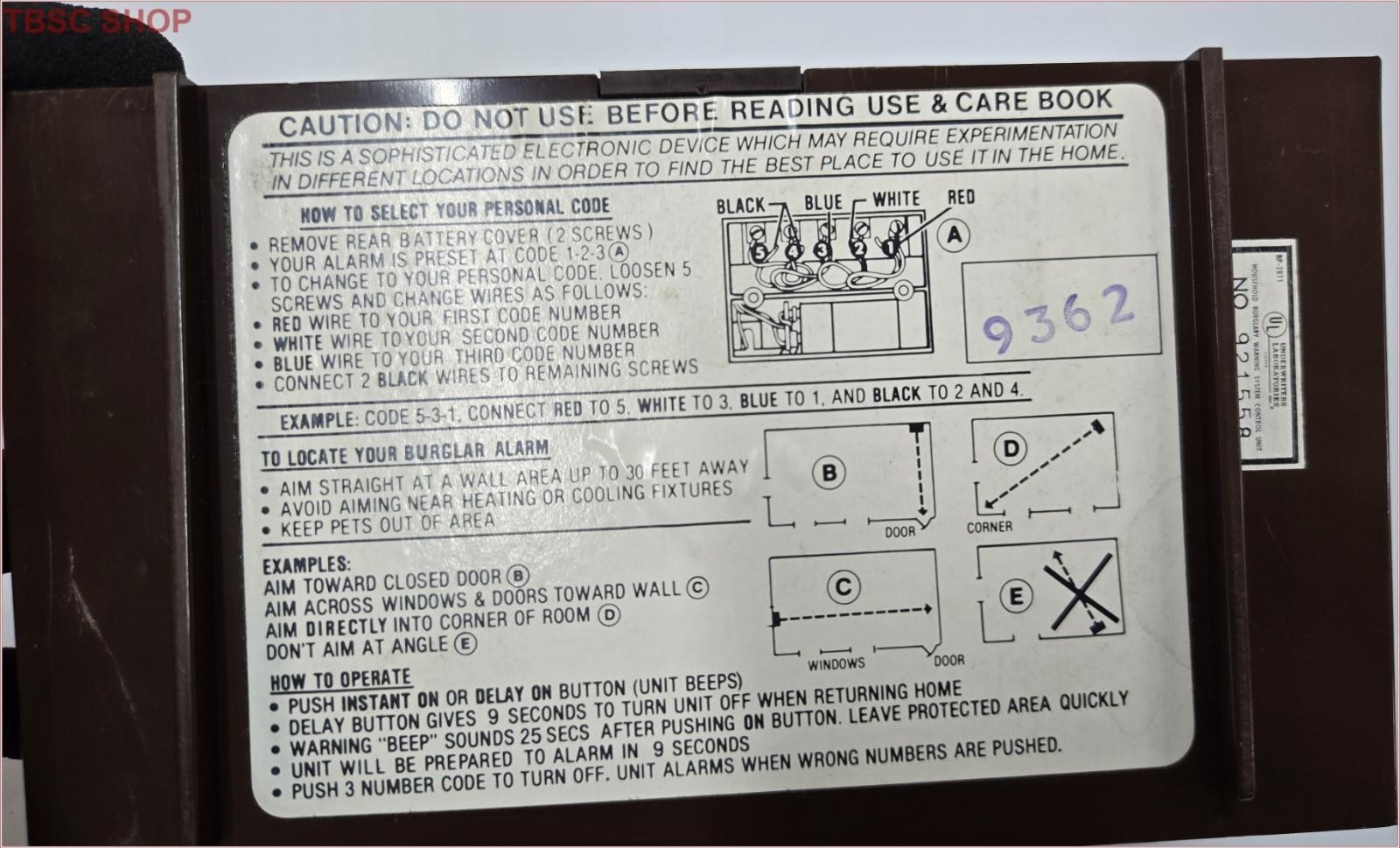 Vintage Model 921558 Household Burglary Warning System Control Unit