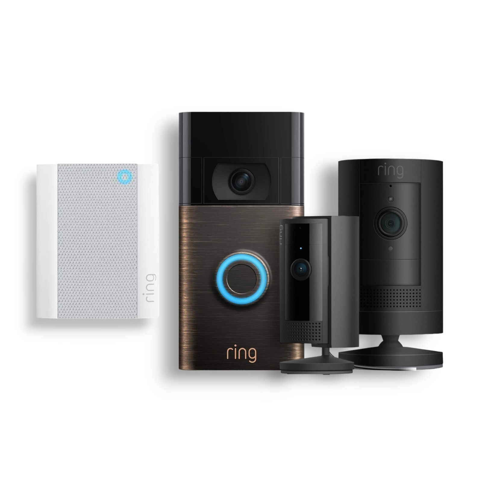 Ring Battery Smart WiFi Video Doorbell, Stick Up Cam, Indoor Camera Chime Bundle