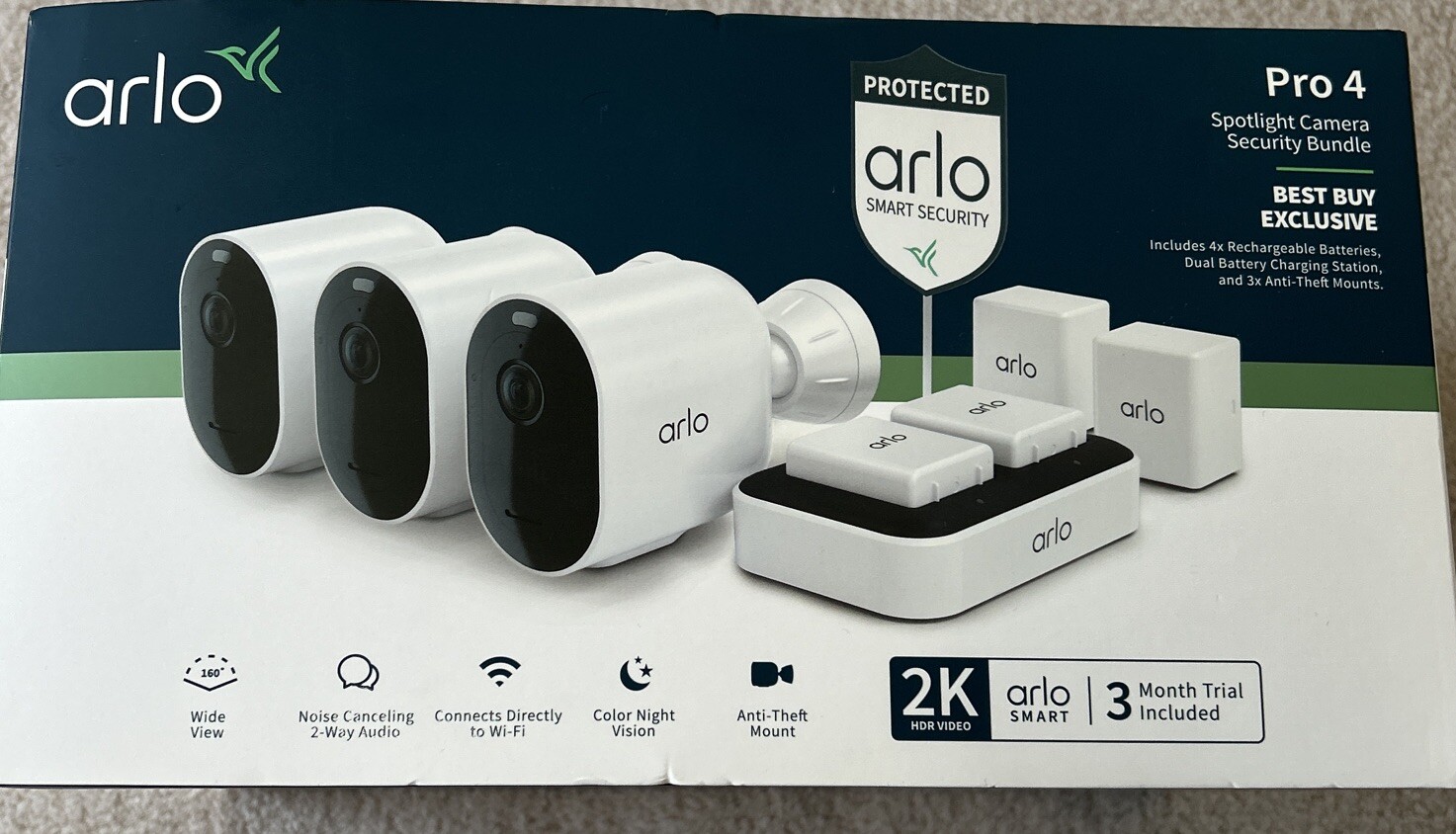 Arlo Pro 4 Spotlight Camera – White, Set of 3 with solar panel.
