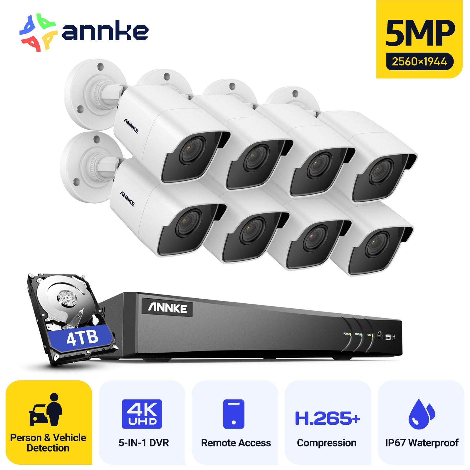 ANNKE 4K 8CH DVR 5MP Security Camera System Human Vehicle Detection H.265+ IP67