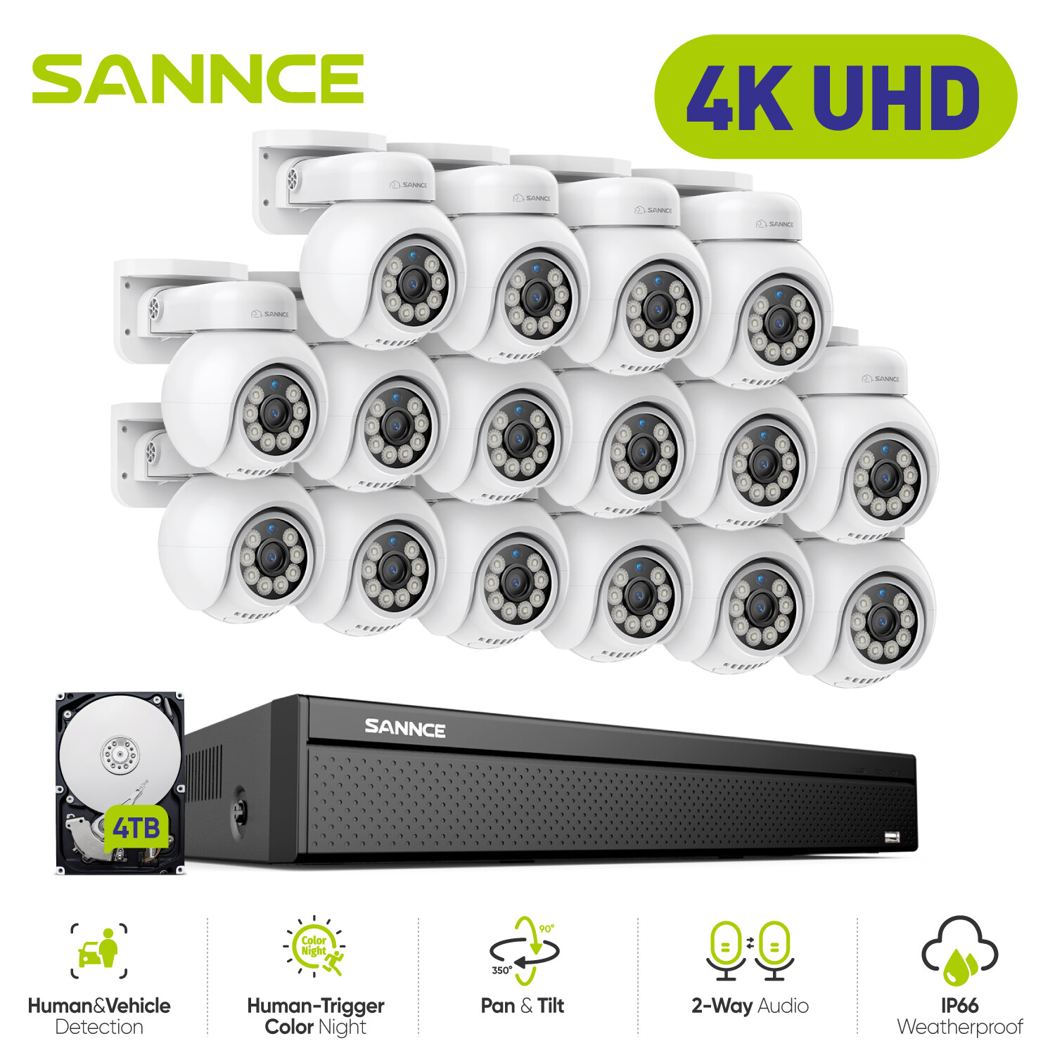 SANNCE 16CH NVR 4K POE Color Security Camera System Two Way Audio Auto Tracking