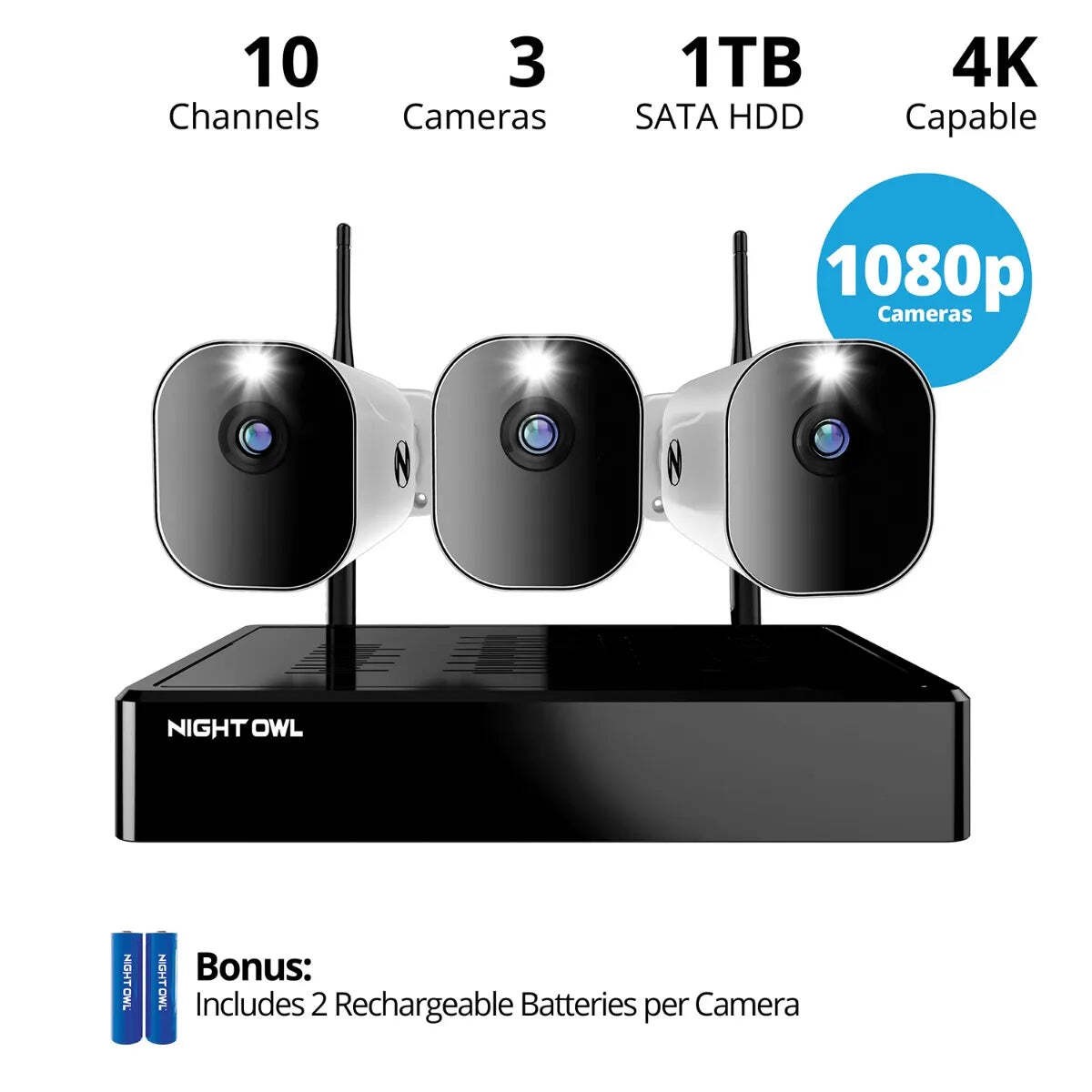 10 Channel 4K Bluetooth Wi-Fi NVR with 1TB Hard Drive and 3 Wire Free (Battery)