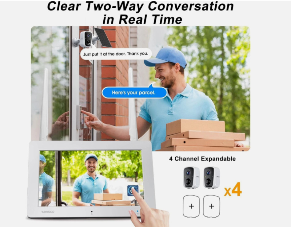 SANSCO 2K Solar Wireless Security Camera System with 4CH 7″ Touchscreen Monitor
