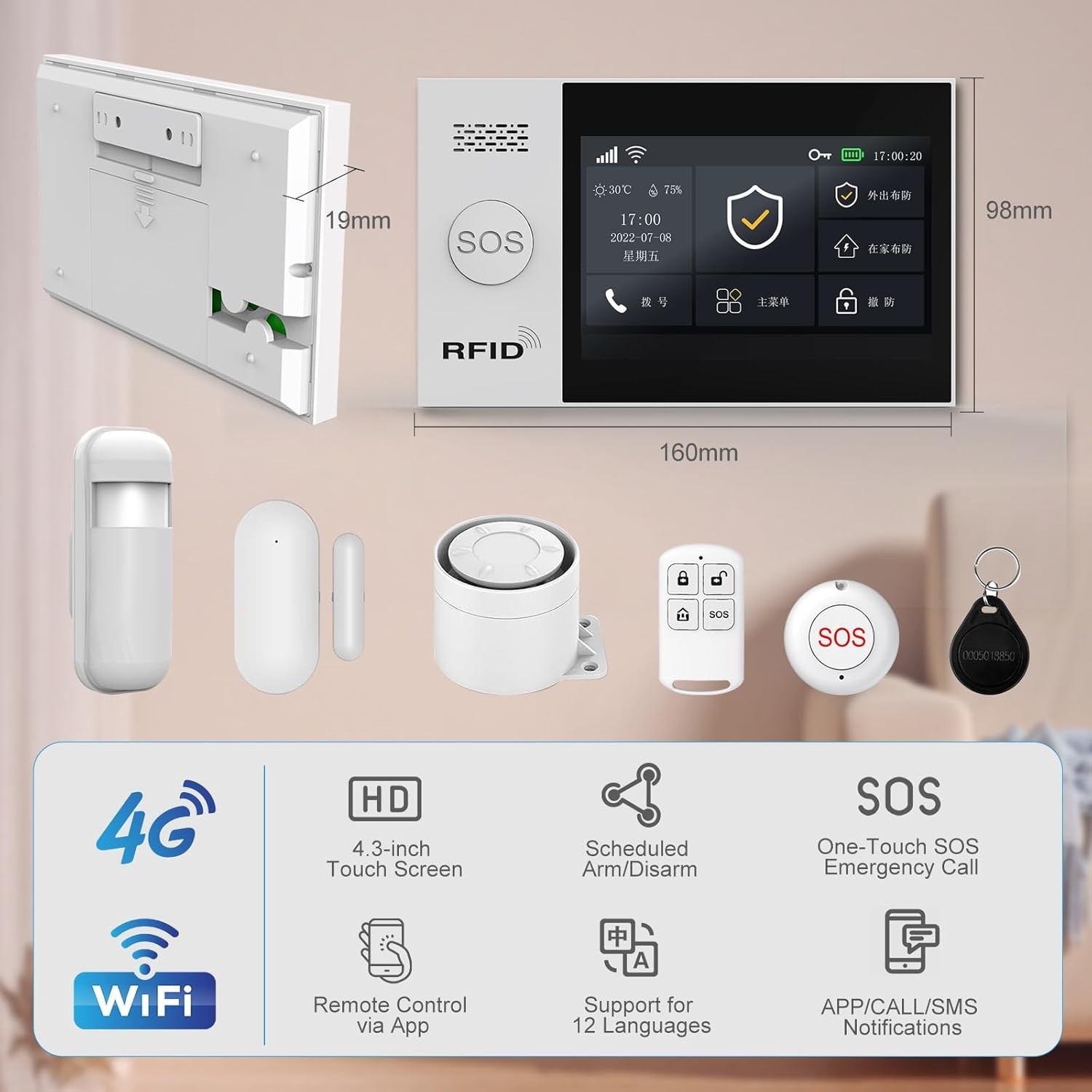 WiFi Wireless Alarm System – 24/7 Home Security, 4.3″ Touch Screen & App Alerts