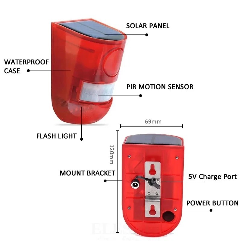 Solar Alarm LED Light Solar Strobe Light Wireless Motion Sensor Detector Outdoor