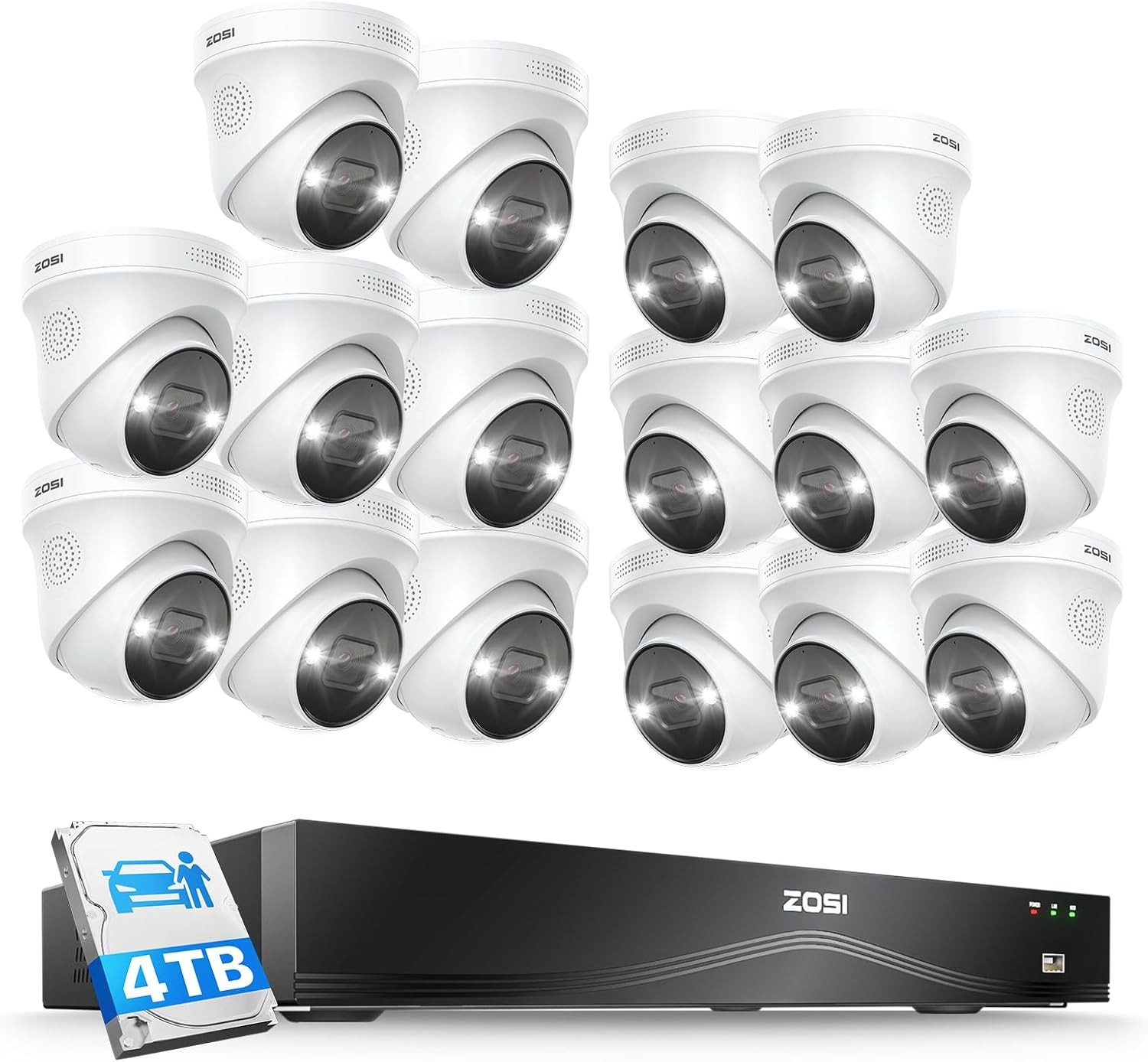 ZOSI 16CH 4K Security Camera System 16pcs 8MP PoE Cameras Outdoor 2Way Audio 4TB