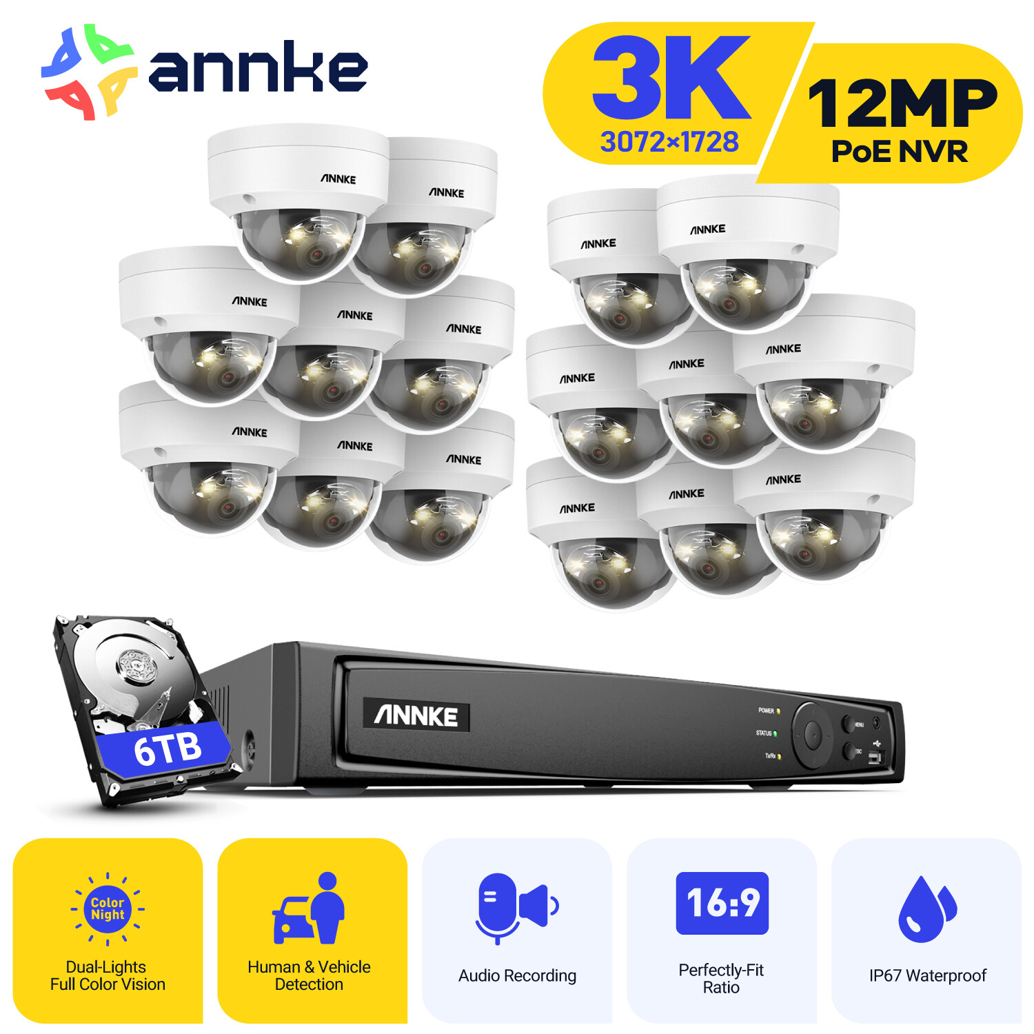 ANNKE H.265+ 4K 8CH 16CH NVR 5MP 8MP PoE Security Camera System Audio Recording