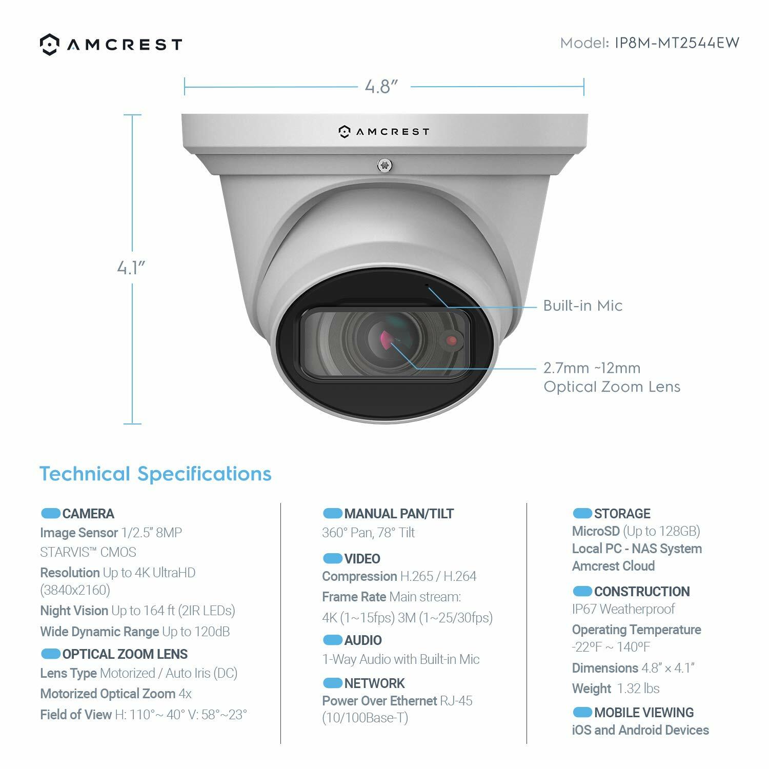 Amcrest 4K PoE Security IP Camera 4X Optical Zoom 8MP Motorized Lens Renewed