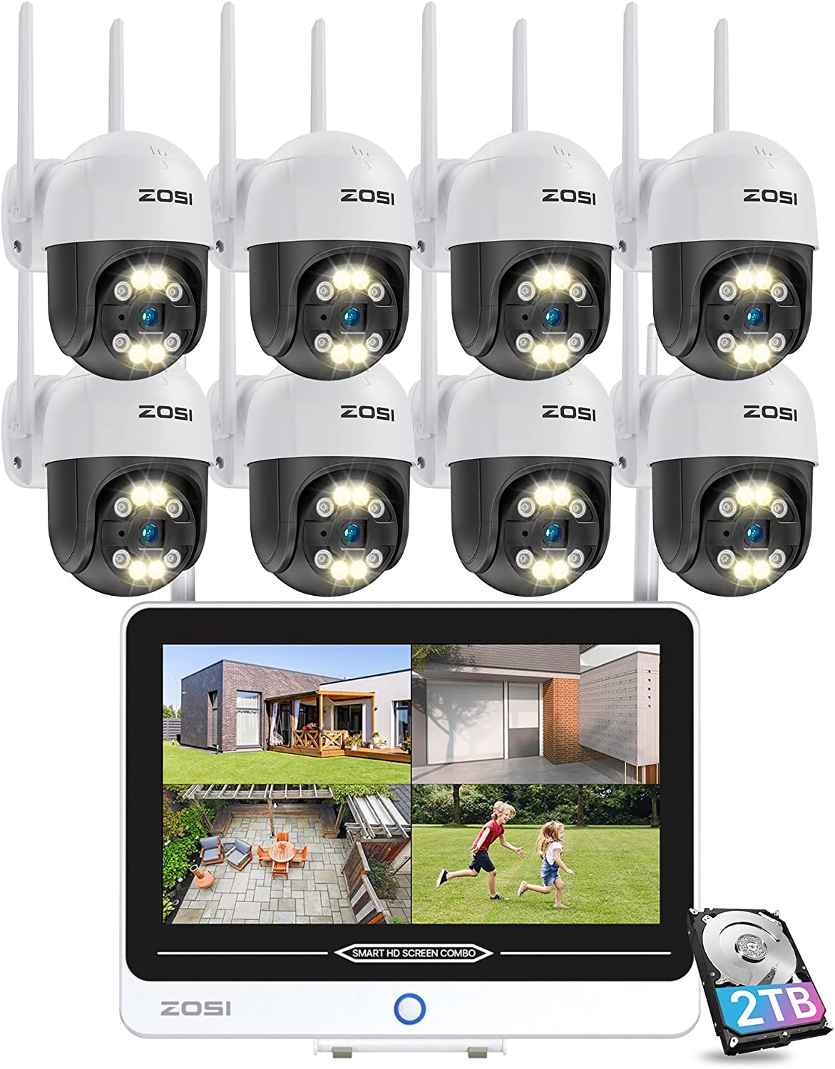 ZOSI 2K 8CH WiFi Security Camera Sytem 2TB HDD for Home 24/7 Recording 12.5″ LCD