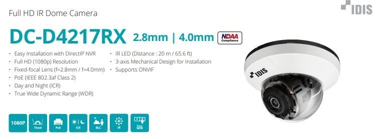 IDIS IP Camera Dome 2 Megapixel (1080p) NDAA Complaint DC-D4217RX-2.8mm