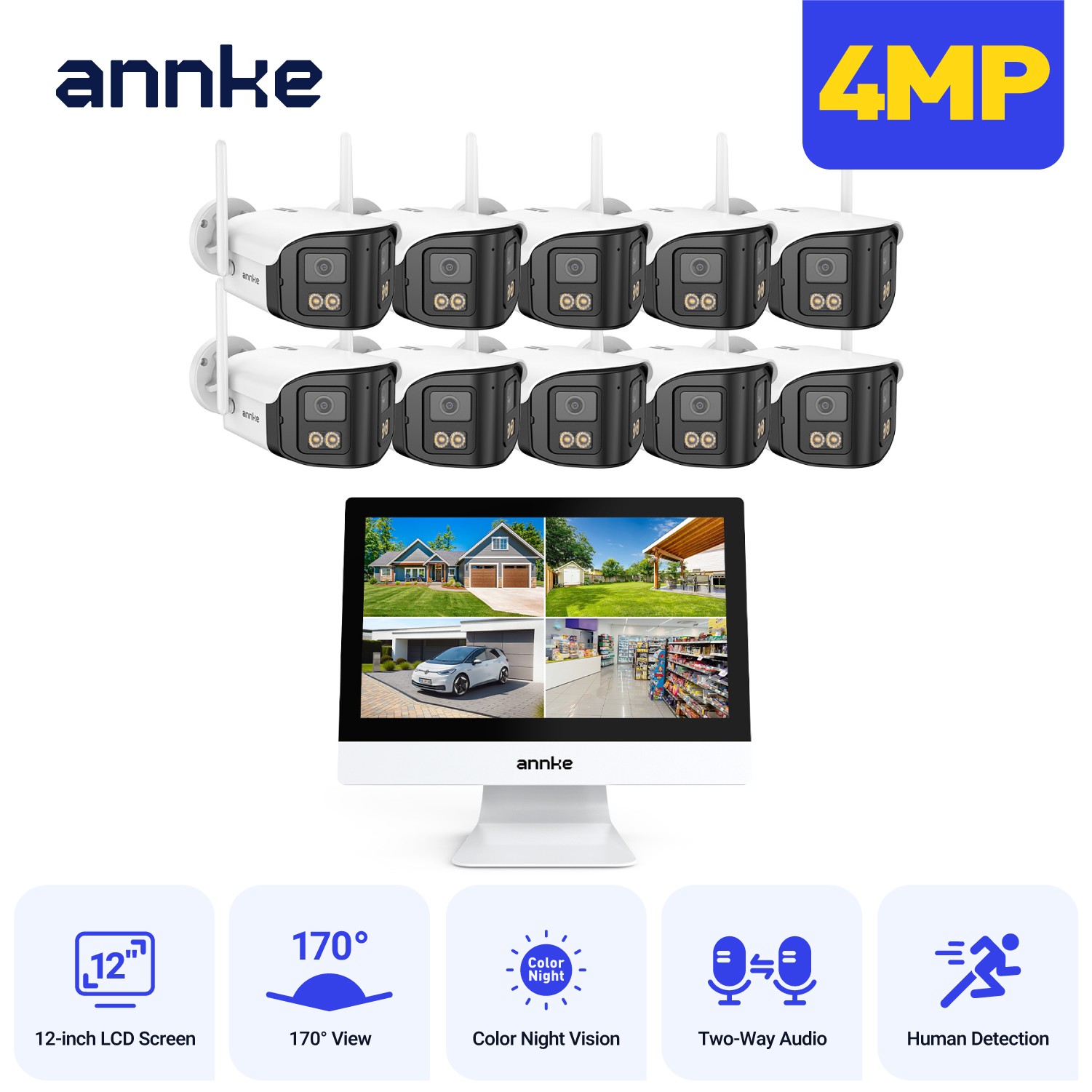 ANNKE 10CH 12” Monitor 4MP Dual Lens Wireless Security Camera System Full Color