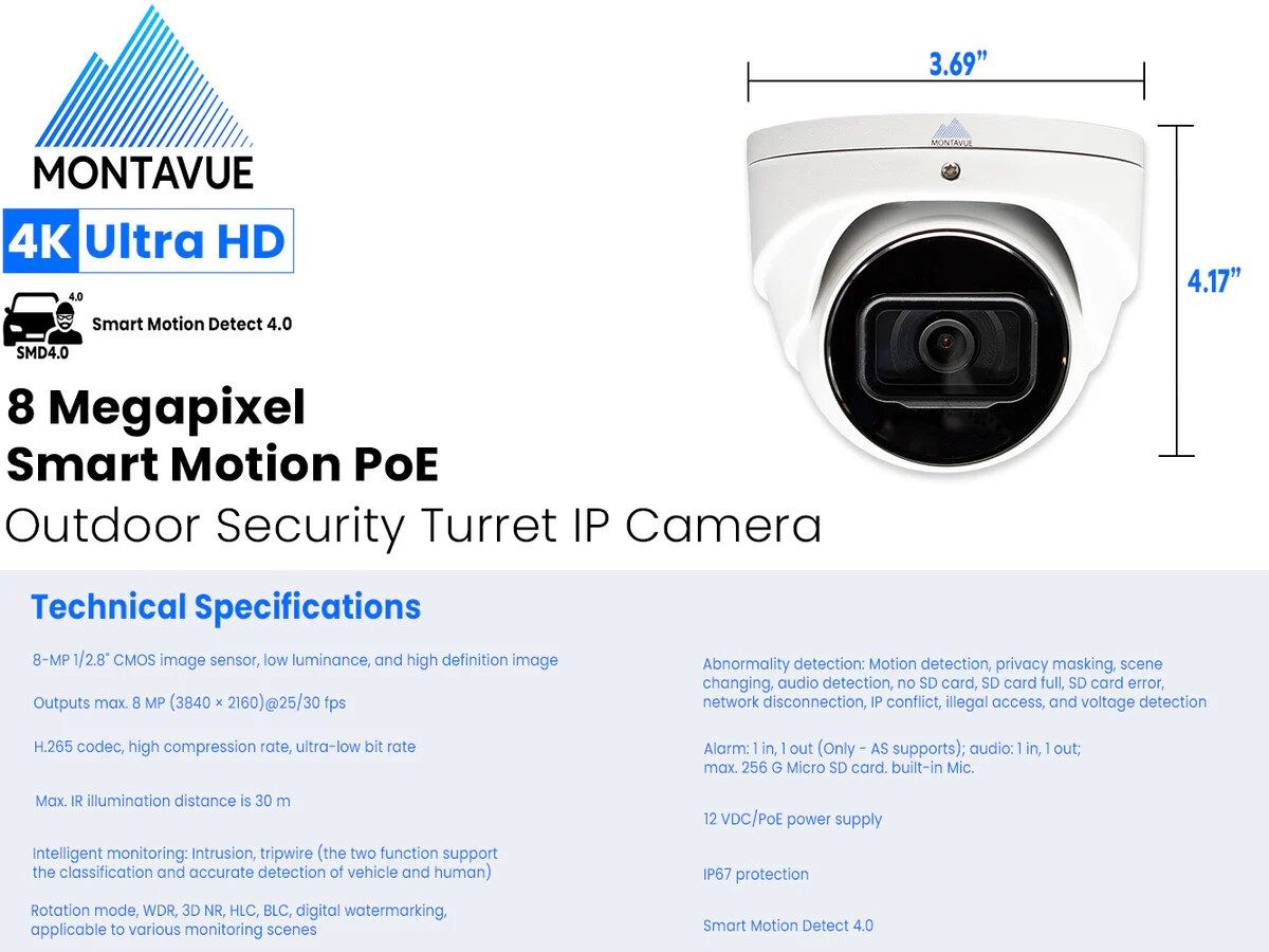 Montavue 4K 8MP 30FPS Acupick Turret Security Smart Camera IP Network ePoE Audio